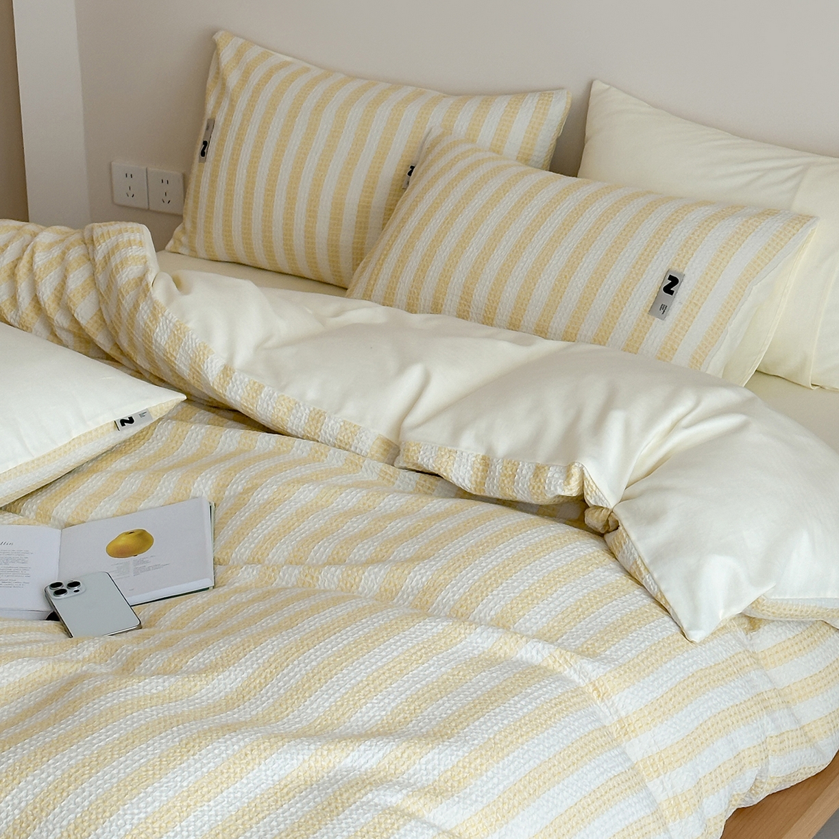 91家纺网 家纺一手货源 找家纺 静家居-简约原创家纺 2026新款ins小清晰简约全棉纯棉华夫格提花四件套-芝士系列 芝士-柠檬黄