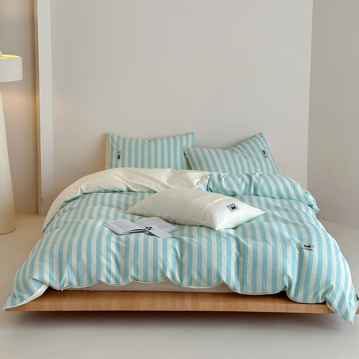 91家纺网 家纺一手货源 找家纺 静家居-简约原创家纺 2026新款ins小清晰简约全棉纯棉华夫格提花四件套-芝士系列 芝士-海盐蓝