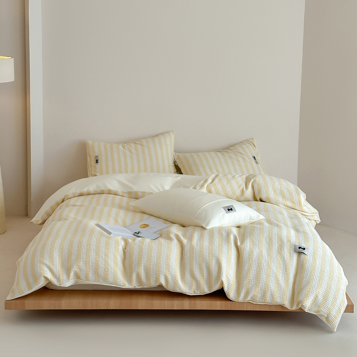 91家纺网 家纺一手货源 找家纺 静家居-简约原创家纺 2026新款ins小清晰简约全棉纯棉华夫格提花四件套-芝士系列 芝士-柠檬黄