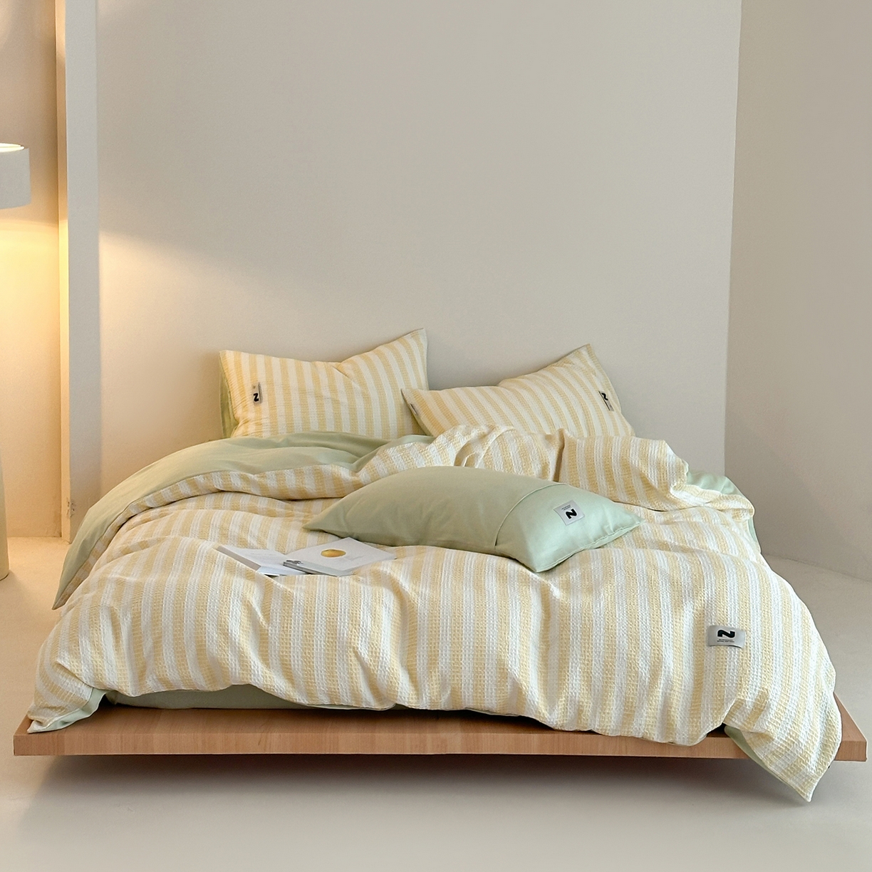 91家纺网 家纺一手货源 找家纺 静家居-简约原创家纺 2026新款ins小清晰简约全棉纯棉华夫格提花四件套-芝士系列 芝士-黄绿