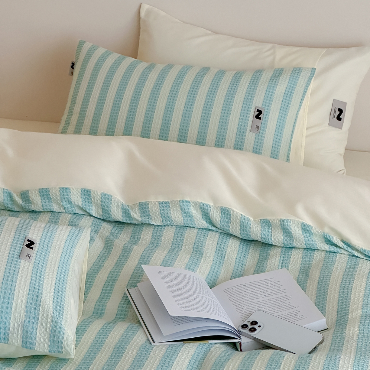 91家纺网 家纺一手货源 找家纺 静家居-简约原创家纺 2026新款ins小清晰简约全棉纯棉华夫格提花四件套-芝士系列 芝士-海盐蓝