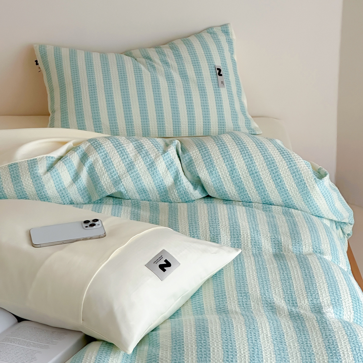 91家纺网 家纺一手货源 找家纺 静家居-简约原创家纺 2026新款ins小清晰简约全棉纯棉华夫格提花四件套-芝士系列 芝士-海盐蓝