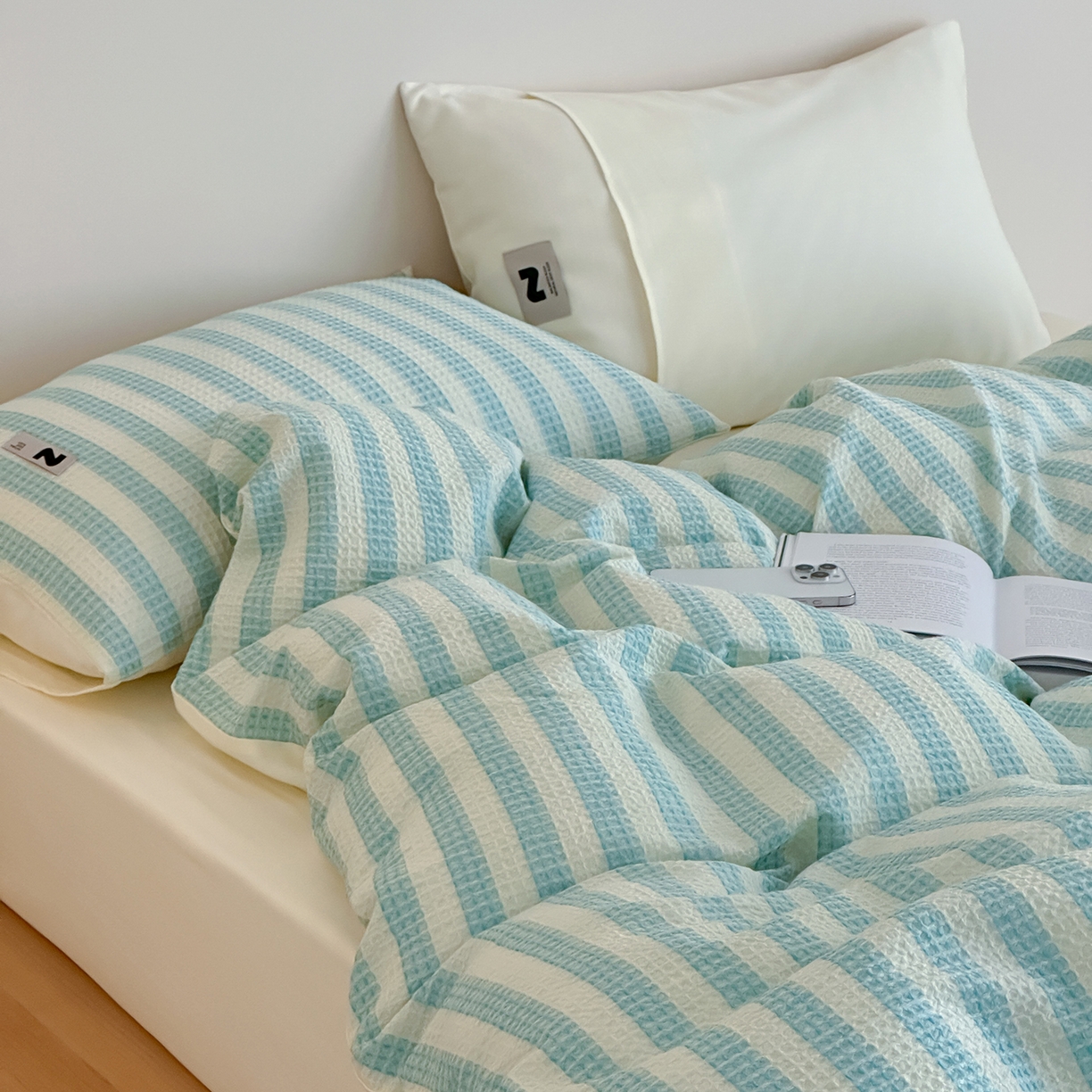 91家纺网 家纺一手货源 找家纺 静家居-简约原创家纺 2026新款ins小清晰简约全棉纯棉华夫格提花四件套-芝士系列 芝士-海盐蓝