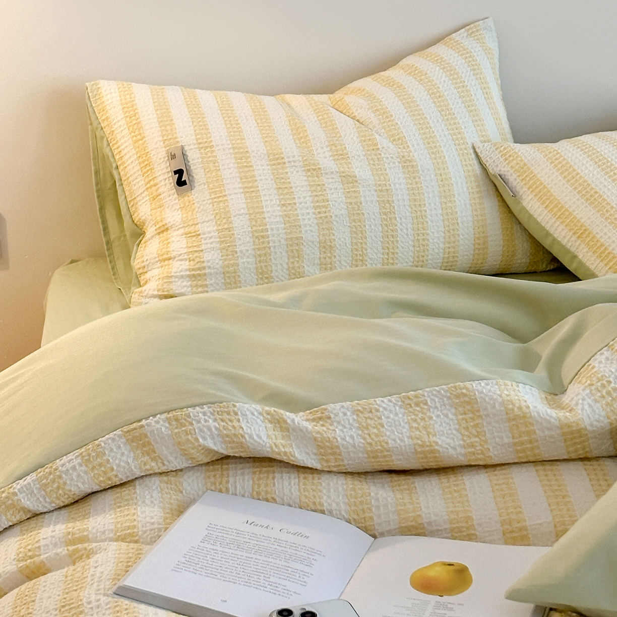 91家纺网 家纺一手货源 找家纺 静家居-简约原创家纺 2026新款ins小清晰简约全棉纯棉华夫格提花四件套-芝士系列 芝士-黄绿