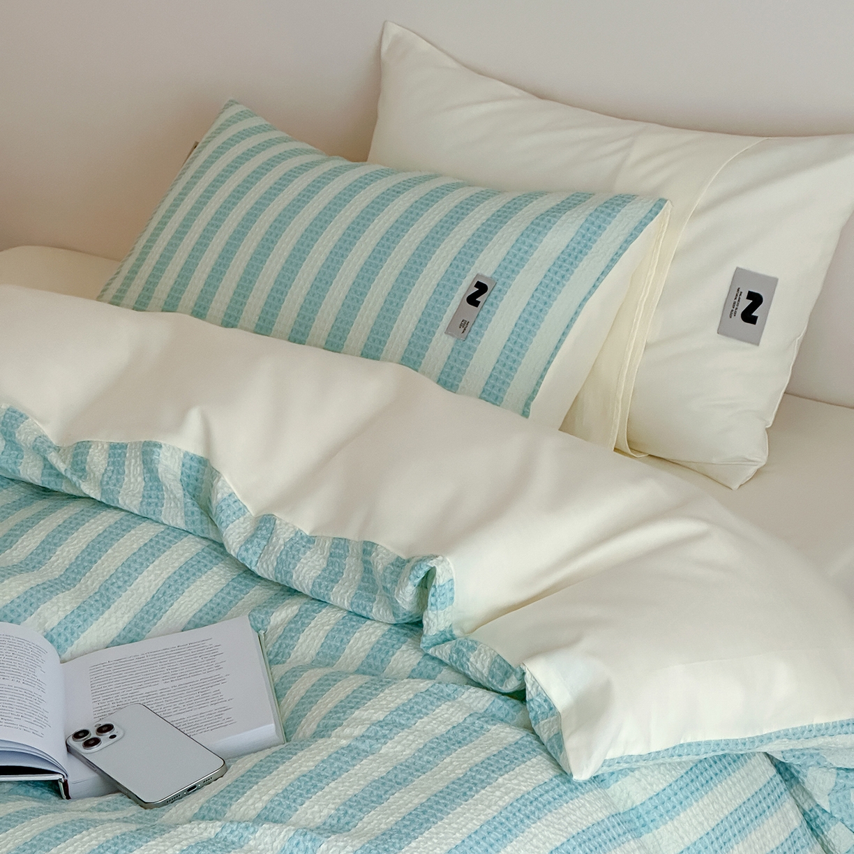 91家纺网 家纺一手货源 找家纺 静家居-简约原创家纺 2026新款ins小清晰简约全棉纯棉华夫格提花四件套-芝士系列 芝士-海盐蓝