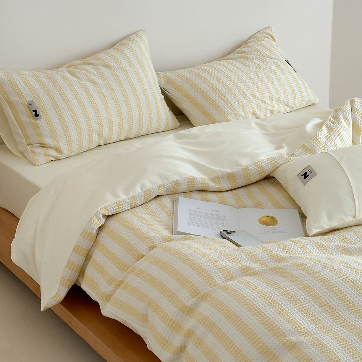 91家纺网 家纺一手货源 找家纺 静家居-简约原创家纺 2026新款ins小清晰简约全棉纯棉华夫格提花四件套-芝士系列 芝士-柠檬黄