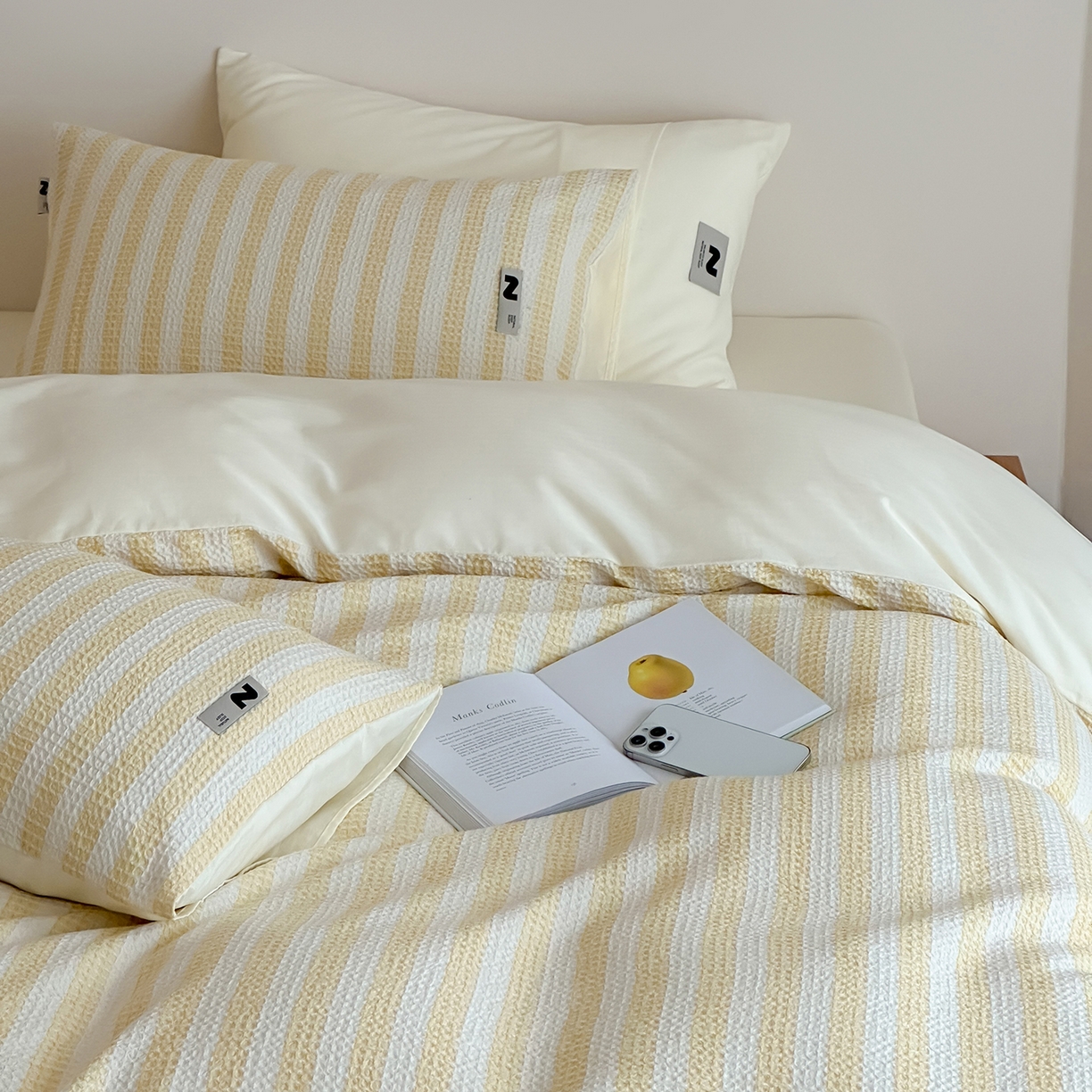 91家纺网 家纺一手货源 找家纺 静家居-简约原创家纺 2026新款ins小清晰简约全棉纯棉华夫格提花四件套-芝士系列 芝士-柠檬黄