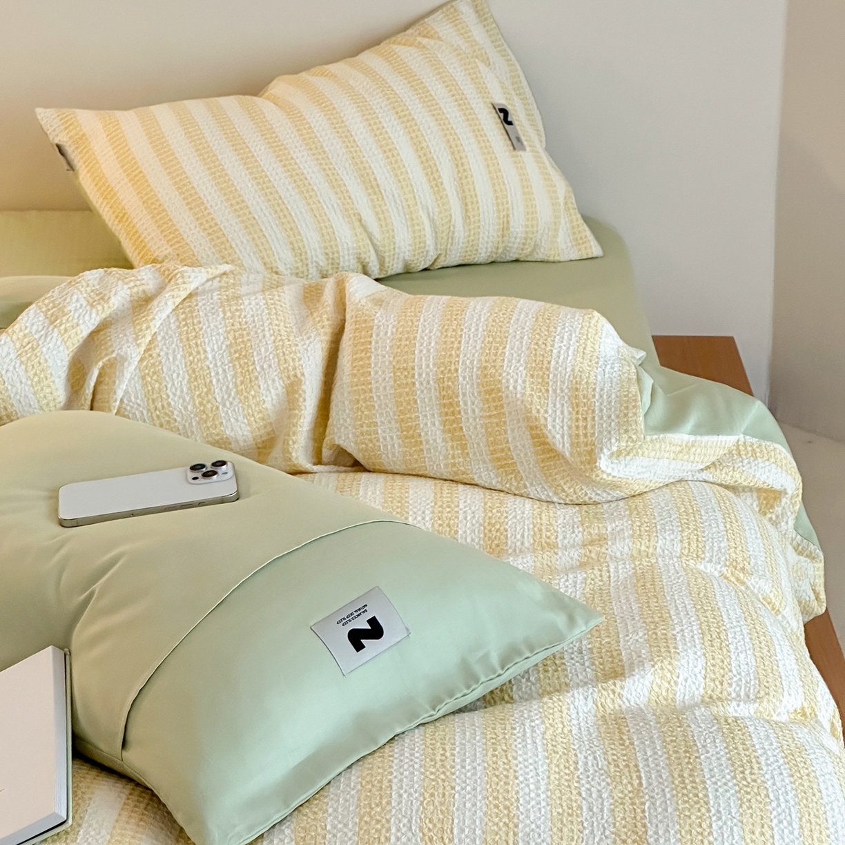 91家纺网 家纺一手货源 找家纺 静家居-简约原创家纺 2026新款ins小清晰简约全棉纯棉华夫格提花四件套-芝士系列 芝士-黄绿