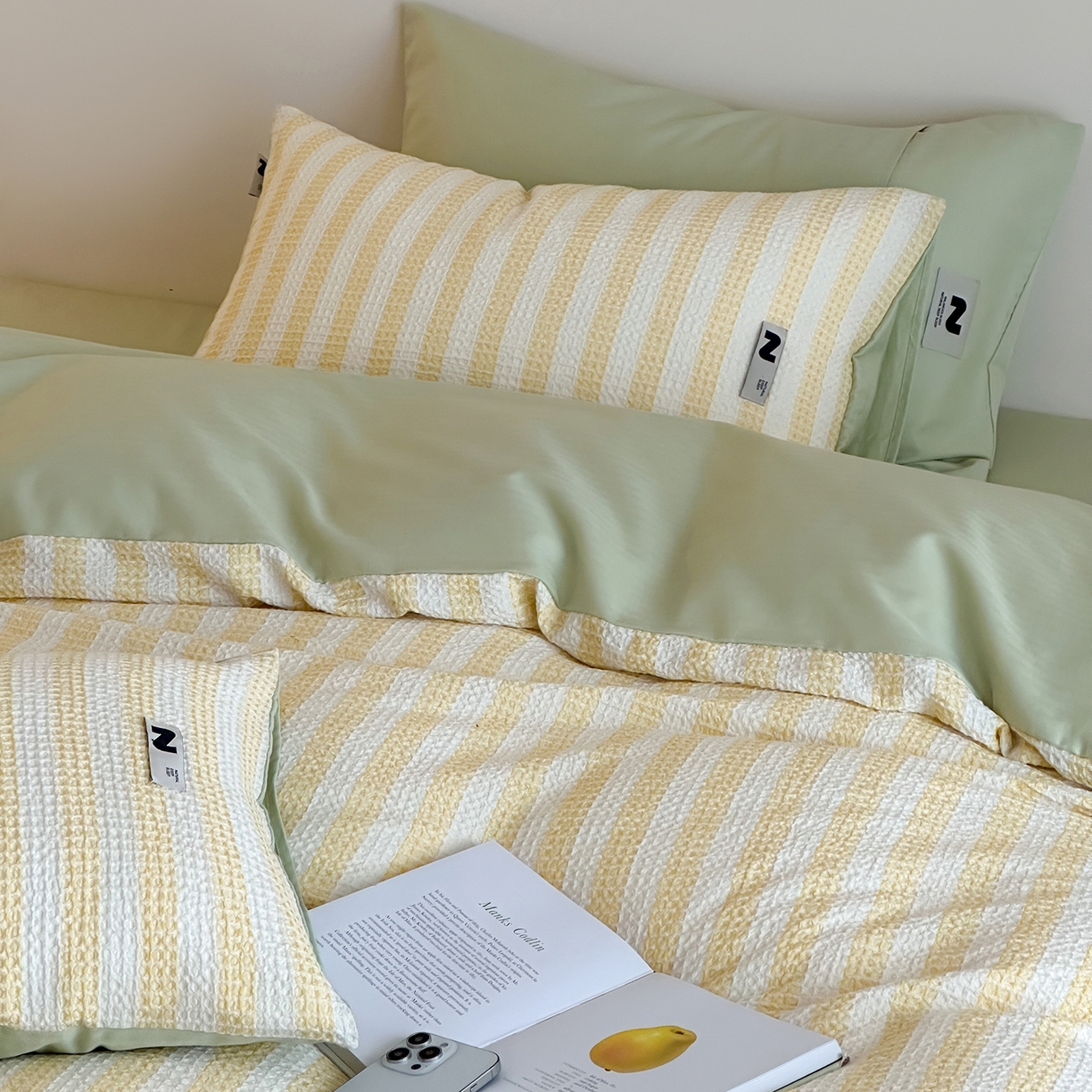 91家纺网 家纺一手货源 找家纺 静家居-简约原创家纺 2026新款ins小清晰简约全棉纯棉华夫格提花四件套-芝士系列 芝士-黄绿