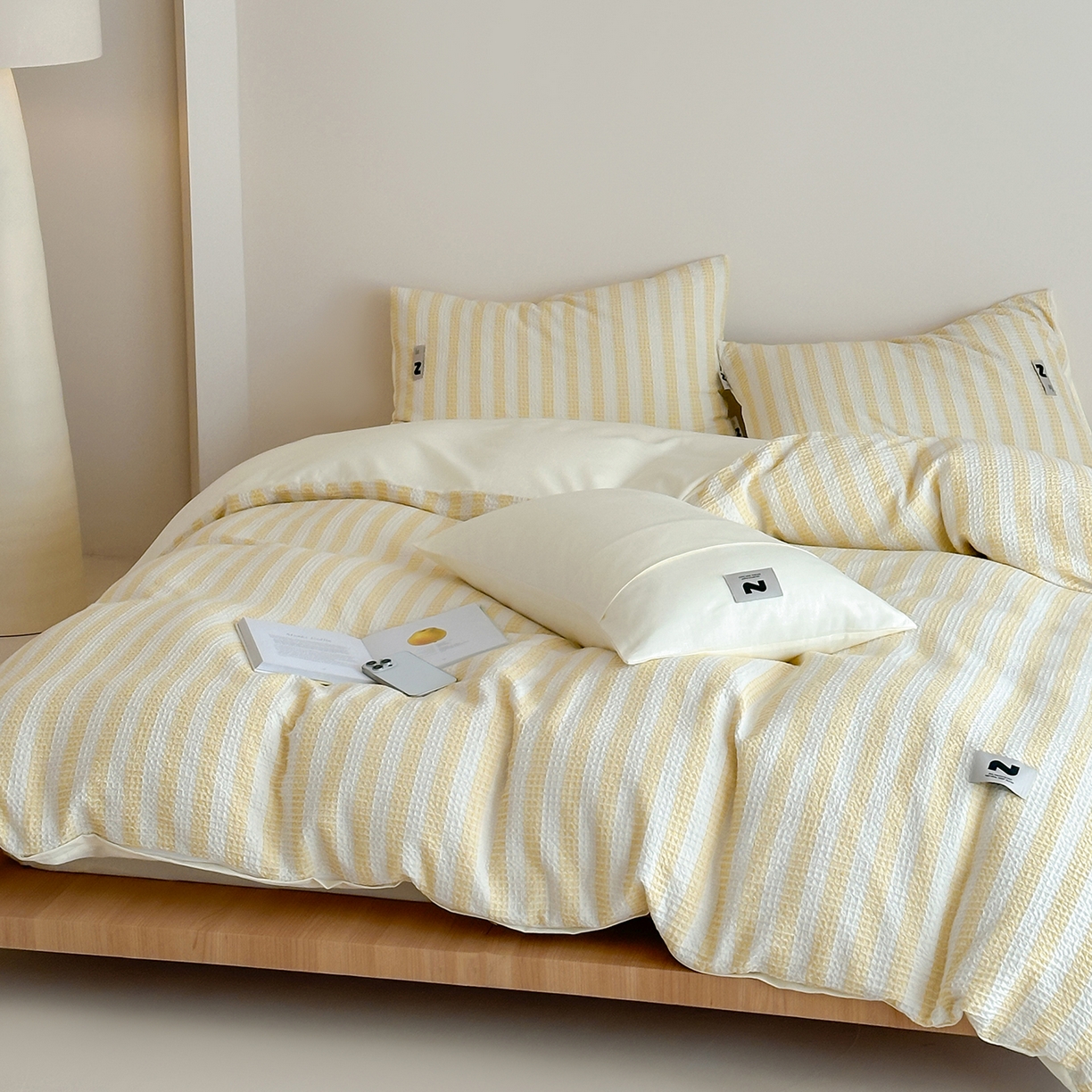 91家纺网 家纺一手货源 找家纺 静家居-简约原创家纺 2026新款ins小清晰简约全棉纯棉华夫格提花四件套-芝士系列 芝士-柠檬黄