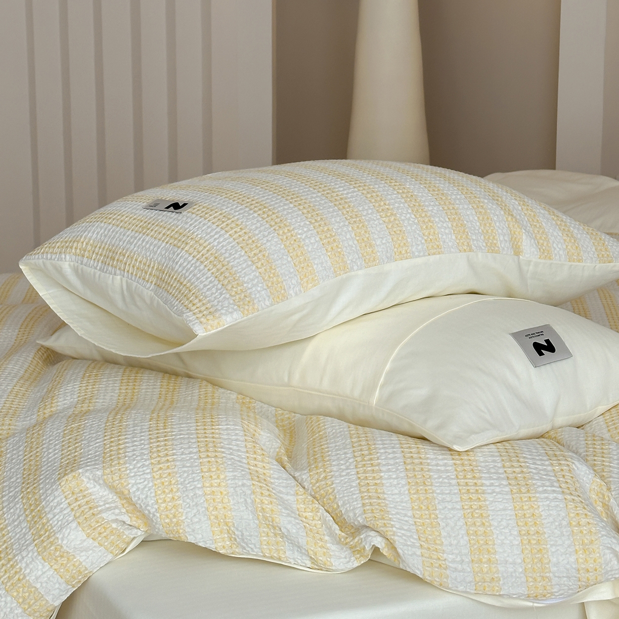 91家纺网 家纺一手货源 找家纺 静家居-简约原创家纺 2026新款ins小清晰简约全棉纯棉华夫格提花四件套-芝士系列 芝士-柠檬黄