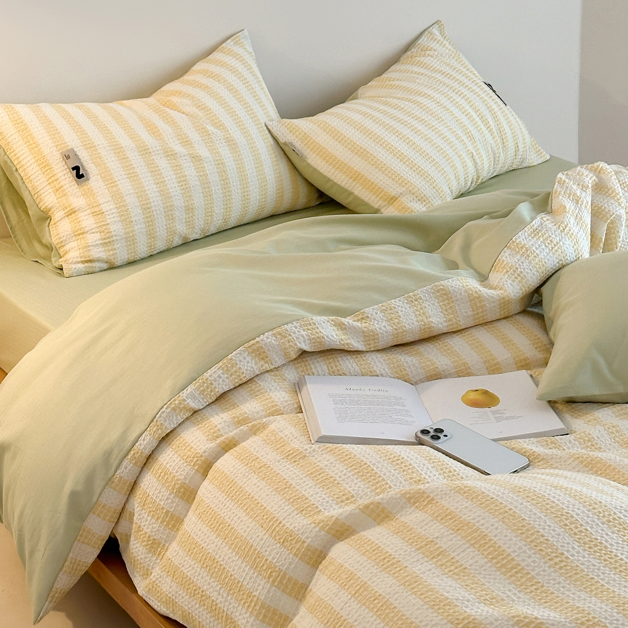 91家纺网 家纺一手货源 找家纺 静家居-简约原创家纺 2026新款ins小清晰简约全棉纯棉华夫格提花四件套-芝士系列 芝士-黄绿