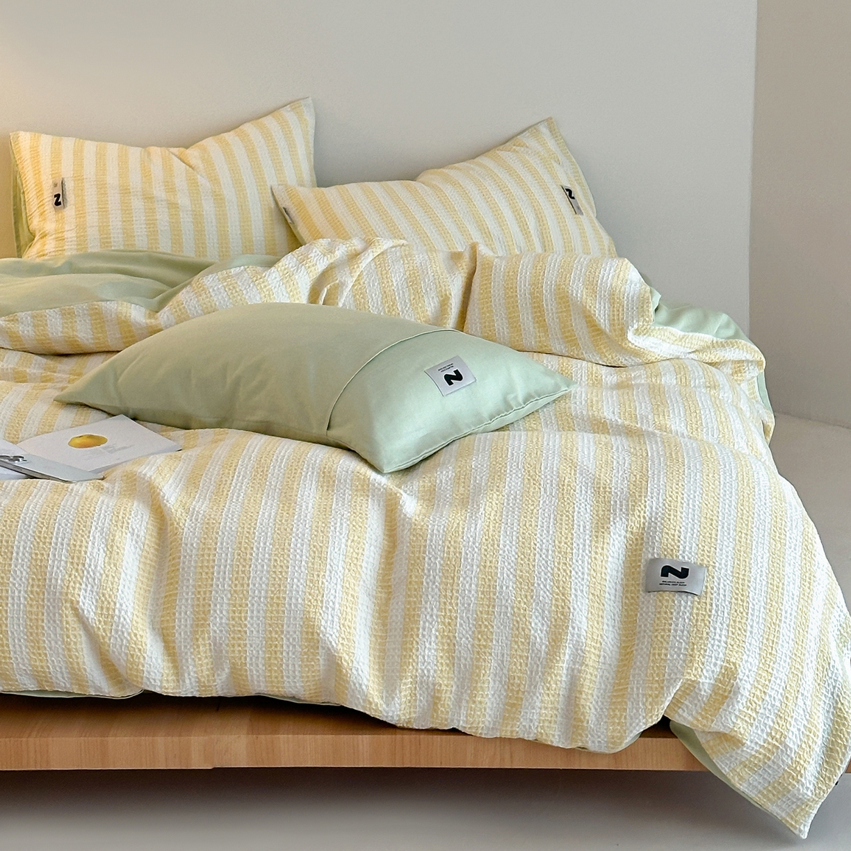 91家纺网 家纺一手货源 找家纺 静家居-简约原创家纺 2026新款ins小清晰简约全棉纯棉华夫格提花四件套-芝士系列 芝士-黄绿