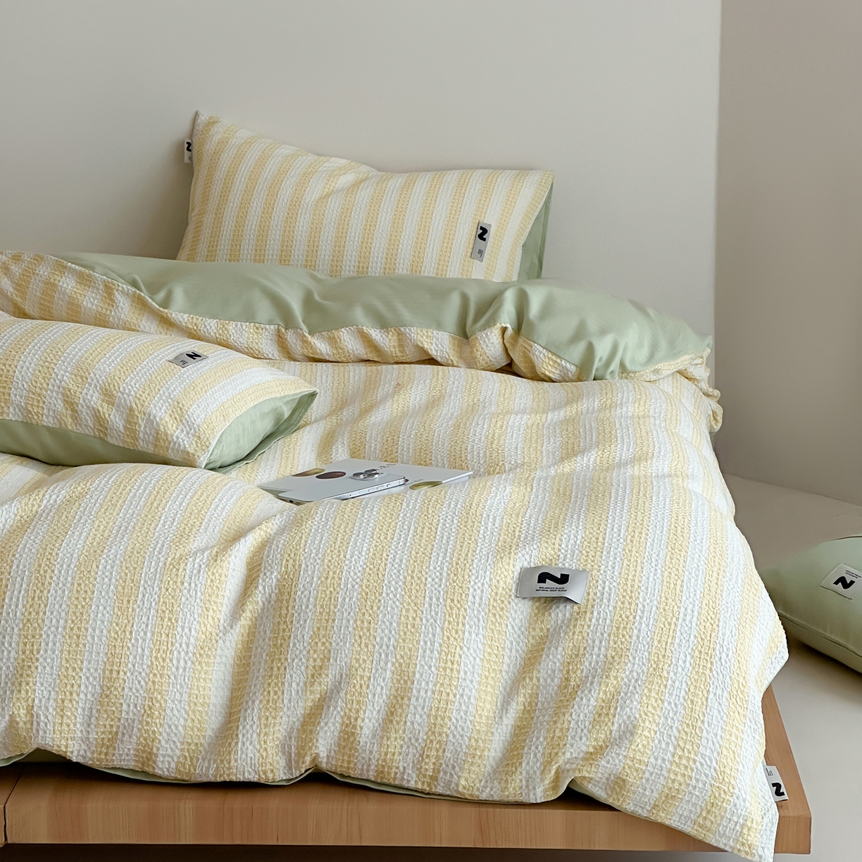 静家居-简约原创家纺 2026新款ins小清晰简约全棉纯棉华夫格提花四件套-芝士系列 芝士-黄绿