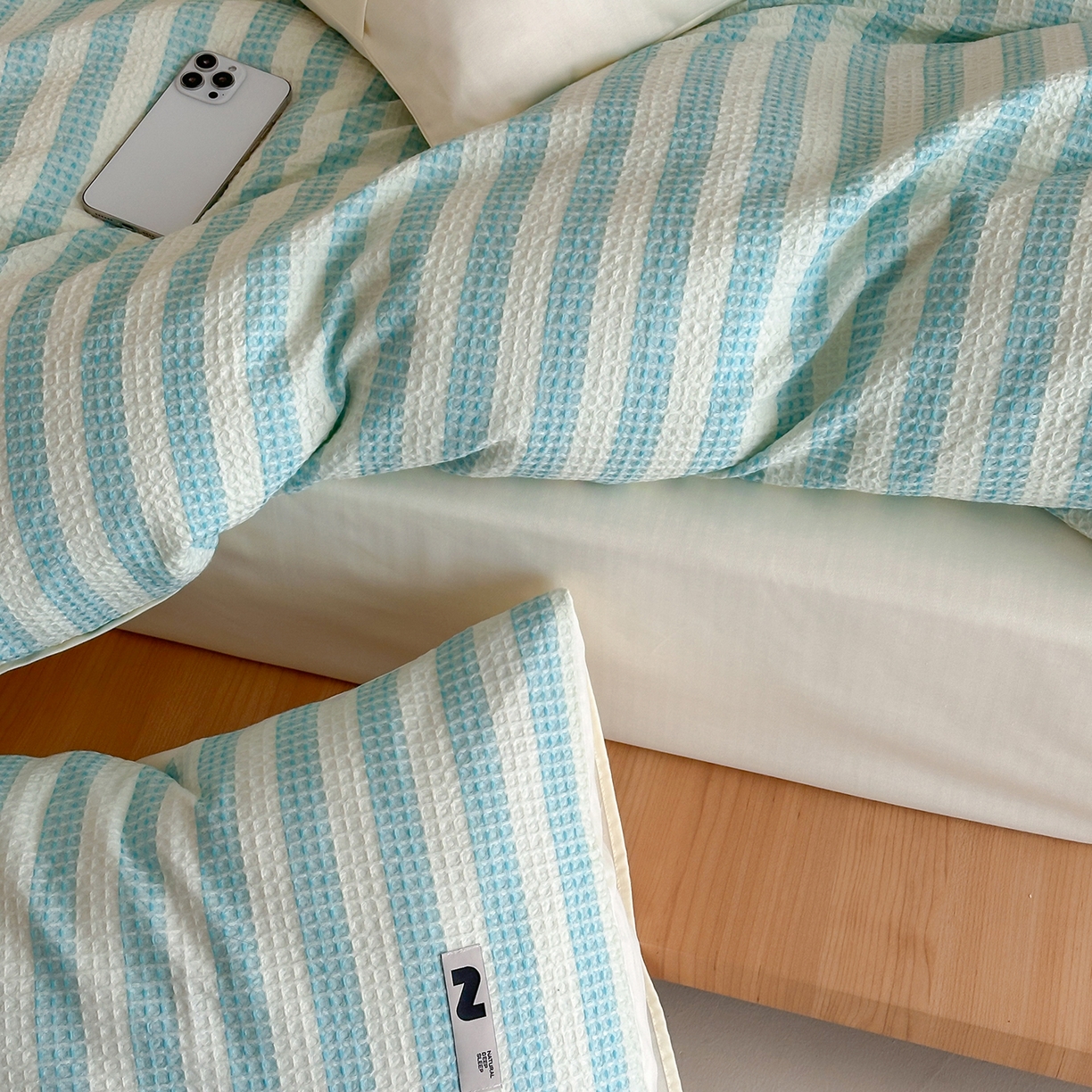 91家纺网 家纺一手货源 找家纺 静家居-简约原创家纺 2026新款ins小清晰简约全棉纯棉华夫格提花四件套-芝士系列 芝士-海盐蓝