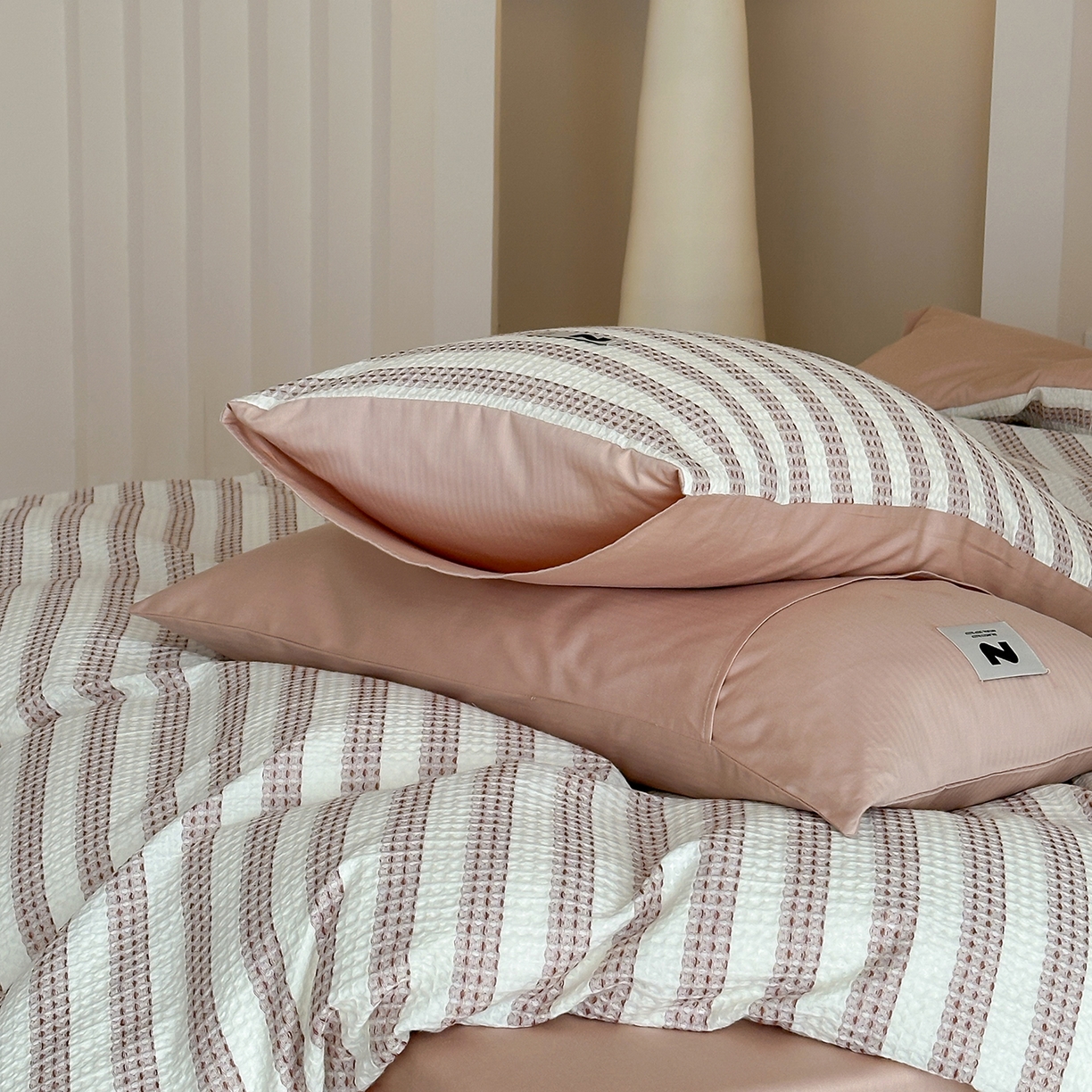 91家纺网 家纺一手货源 找家纺 静家居-简约原创家纺 2026新款ins小清晰简约全棉纯棉华夫格提花四件套-芝士系列 芝士-可可棕