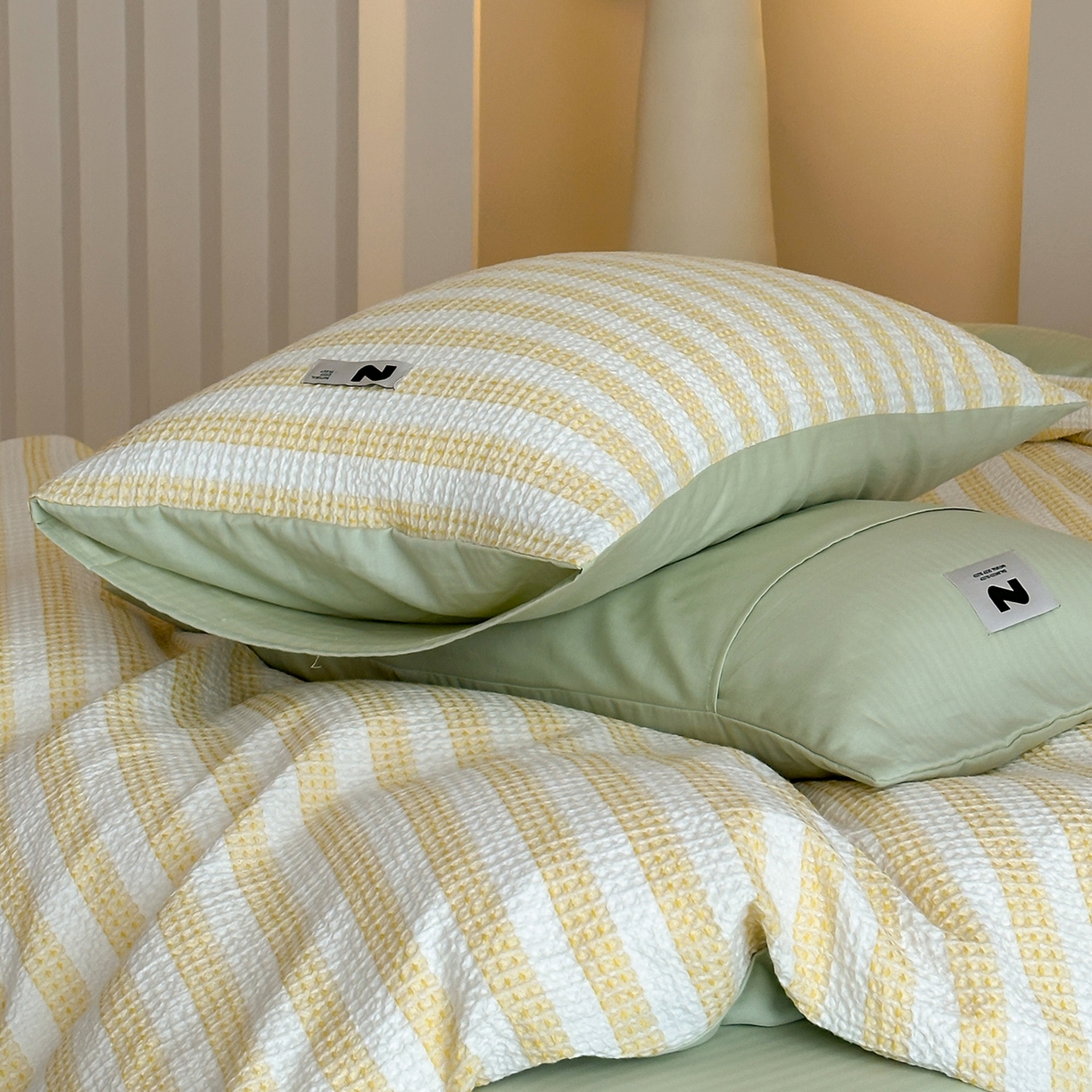 91家纺网 家纺一手货源 找家纺 静家居-简约原创家纺 2026新款ins小清晰简约全棉纯棉华夫格提花四件套-芝士系列 芝士-黄绿