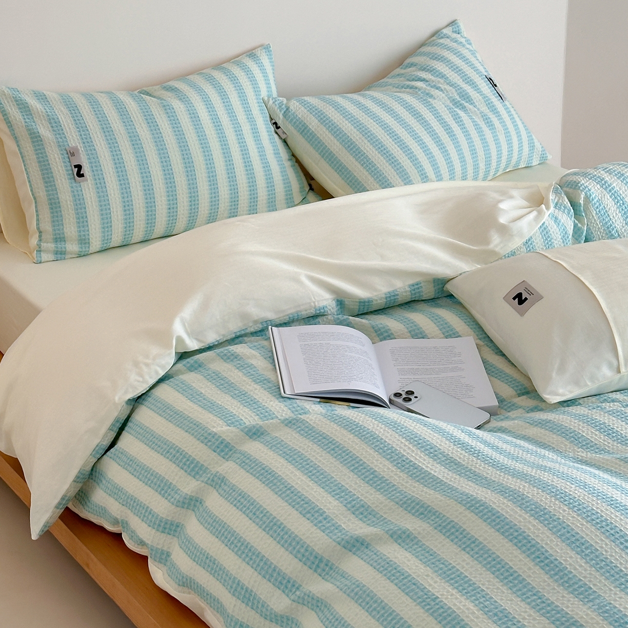 91家纺网 家纺一手货源 找家纺 静家居-简约原创家纺 2026新款ins小清晰简约全棉纯棉华夫格提花四件套-芝士系列 芝士-海盐蓝