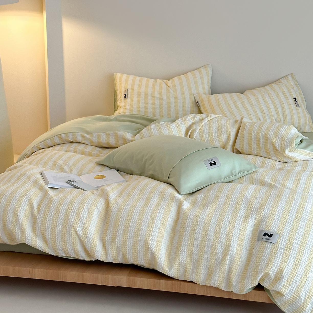 91家纺网 家纺一手货源 找家纺 静家居-简约原创家纺 2026新款ins小清晰简约全棉纯棉华夫格提花四件套-芝士系列 芝士-黄绿