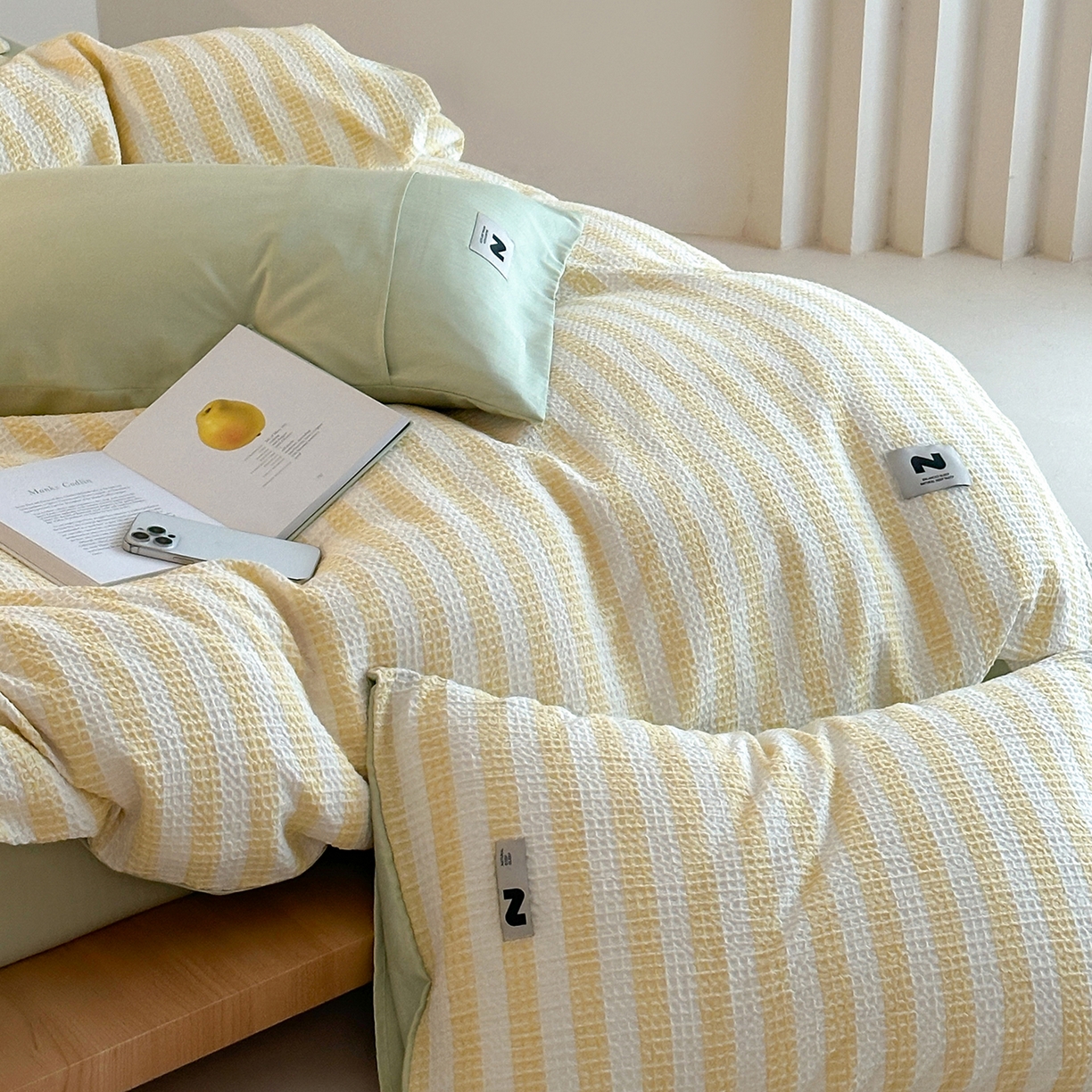 91家纺网 家纺一手货源 找家纺 静家居-简约原创家纺 2026新款ins小清晰简约全棉纯棉华夫格提花四件套-芝士系列 芝士-黄绿