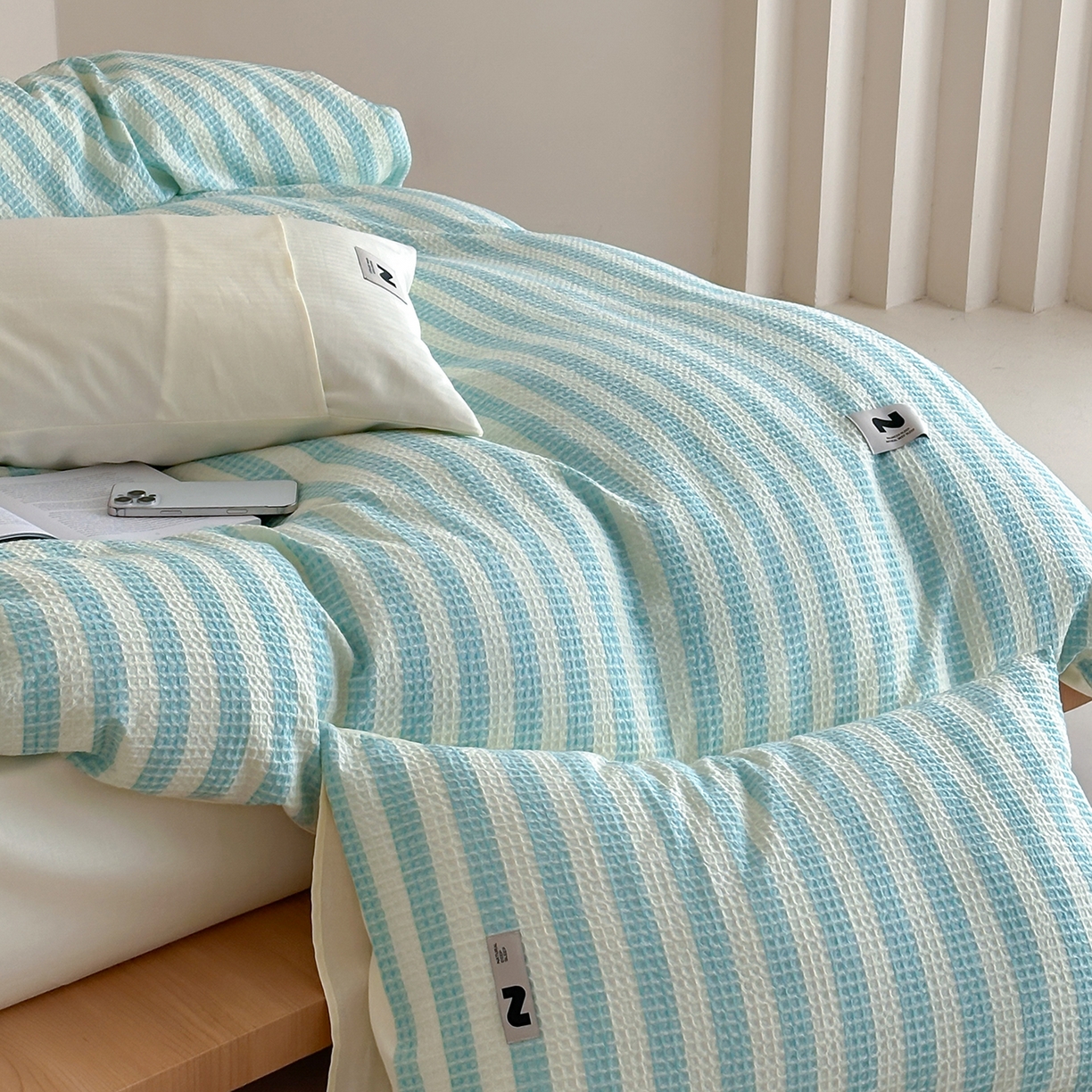 91家纺网 家纺一手货源 找家纺 静家居-简约原创家纺 2026新款ins小清晰简约全棉纯棉华夫格提花四件套-芝士系列 芝士-海盐蓝