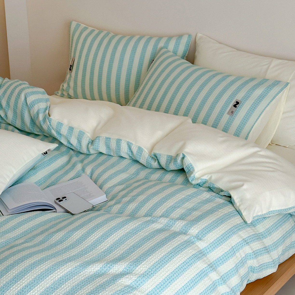 91家纺网 家纺一手货源 找家纺 静家居-简约原创家纺 2026新款ins小清晰简约全棉纯棉华夫格提花四件套-芝士系列 芝士-海盐蓝