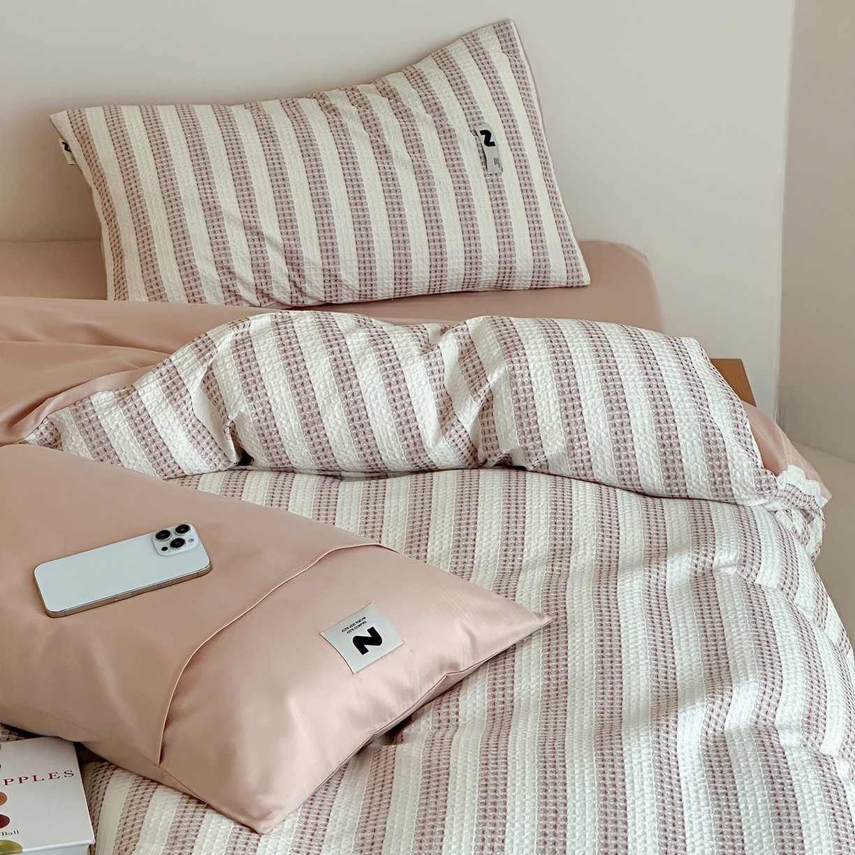 91家纺网 家纺一手货源 找家纺 静家居-简约原创家纺 2026新款ins小清晰简约全棉纯棉华夫格提花四件套-芝士系列 芝士-可可棕