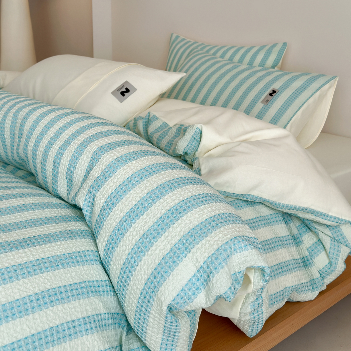 91家纺网 家纺一手货源 找家纺 静家居-简约原创家纺 2026新款ins小清晰简约全棉纯棉华夫格提花四件套-芝士系列 芝士-海盐蓝