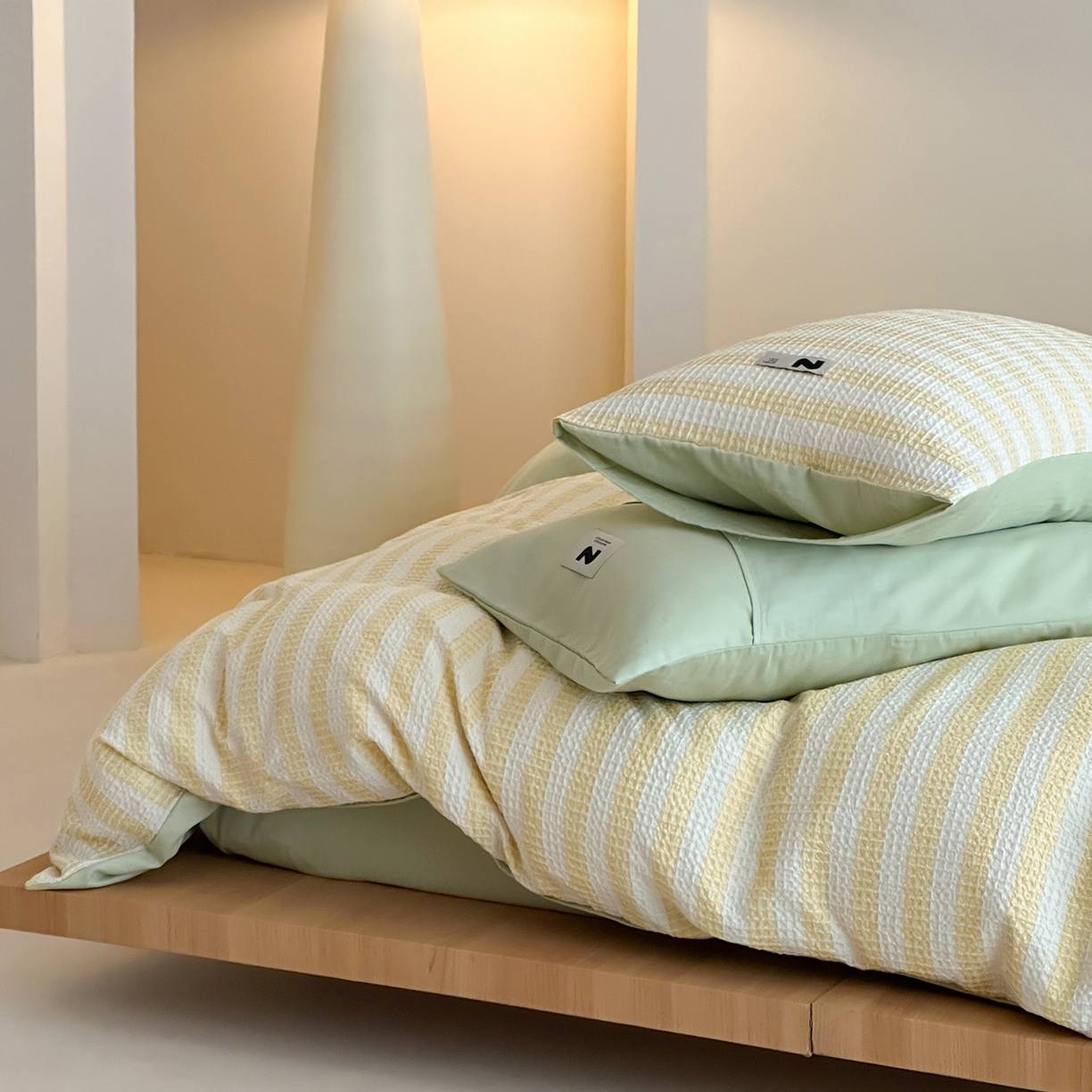 91家纺网 家纺一手货源 找家纺 静家居-简约原创家纺 2026新款ins小清晰简约全棉纯棉华夫格提花四件套-芝士系列 芝士-黄绿