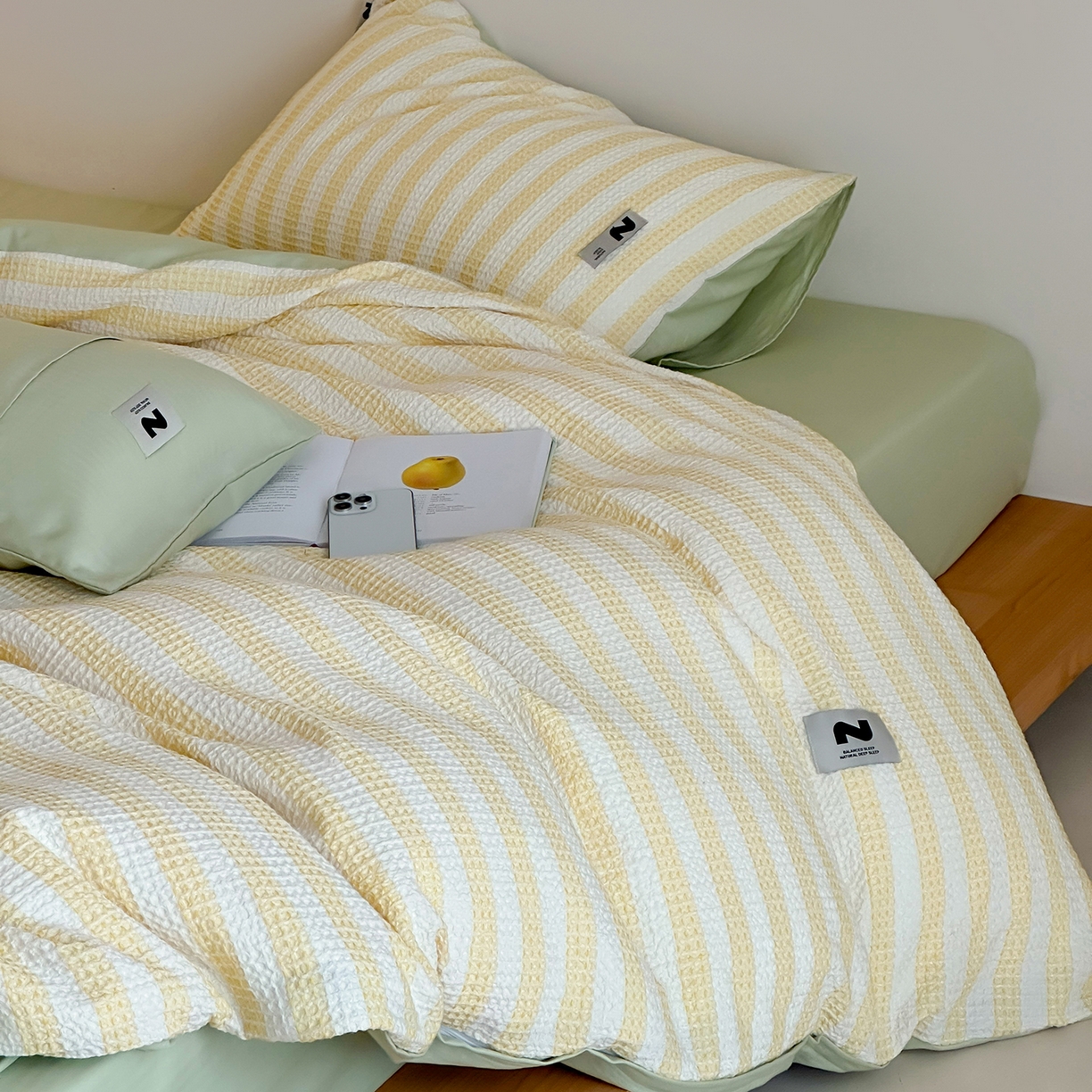 91家纺网 家纺一手货源 找家纺 静家居-简约原创家纺 2026新款ins小清晰简约全棉纯棉华夫格提花四件套-芝士系列 芝士-黄绿