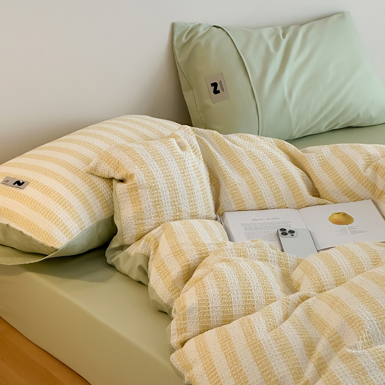 91家纺网 家纺一手货源 找家纺 静家居-简约原创家纺 2026新款ins小清晰简约全棉纯棉华夫格提花四件套-芝士系列 芝士-黄绿