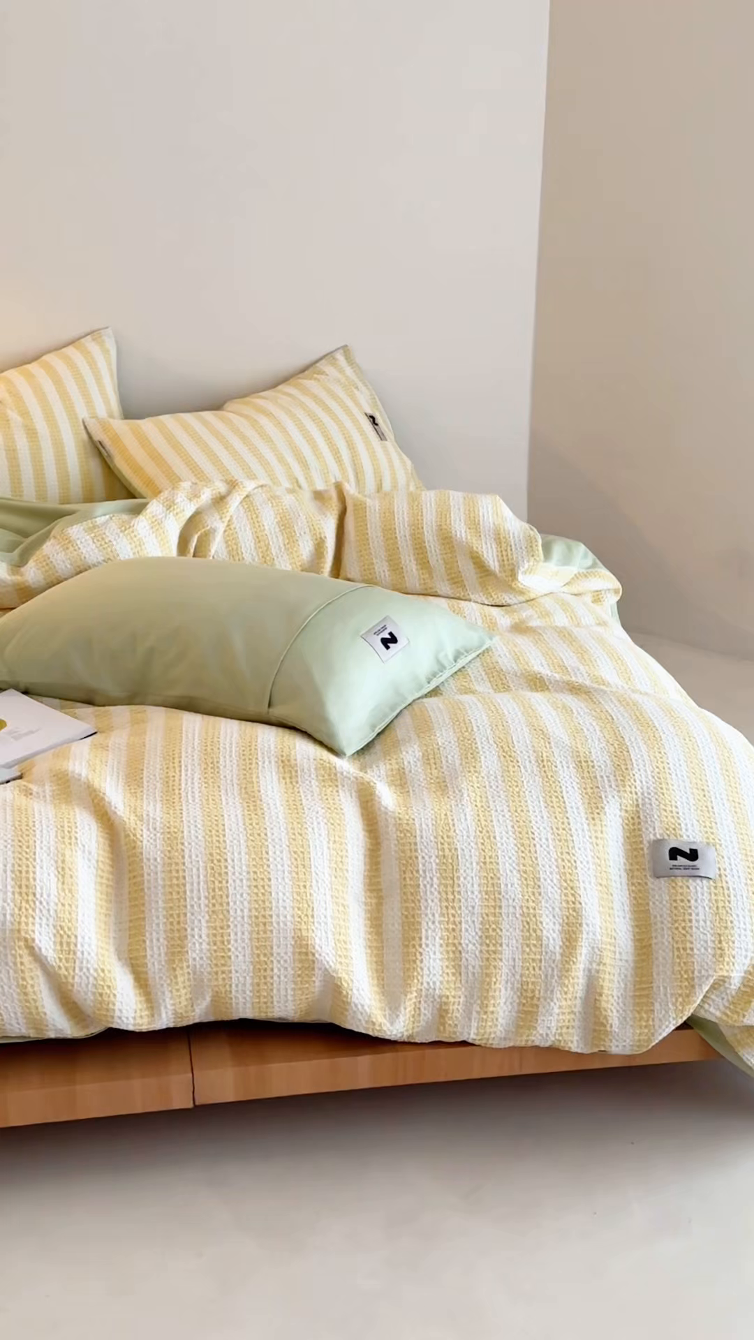 91家纺网 家纺一手货源 找家纺 静家居-简约原创家纺 2026新款ins小清晰简约全棉纯棉华夫格提花四件套-芝士系列 芝士-黄绿