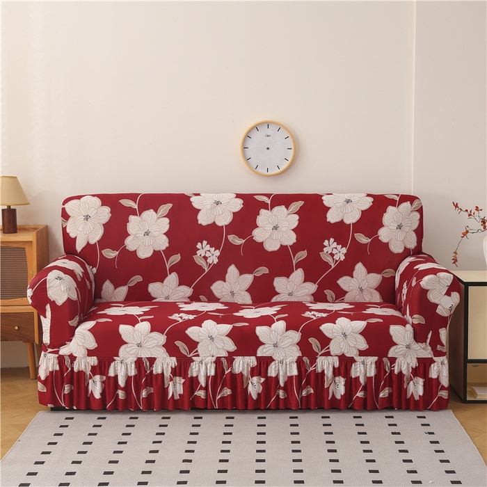 雅竹家纺 牛奶丝印花裙边沙发套 红藤