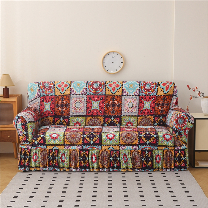 雅竹家纺 牛奶丝印花裙边沙发套 九宫