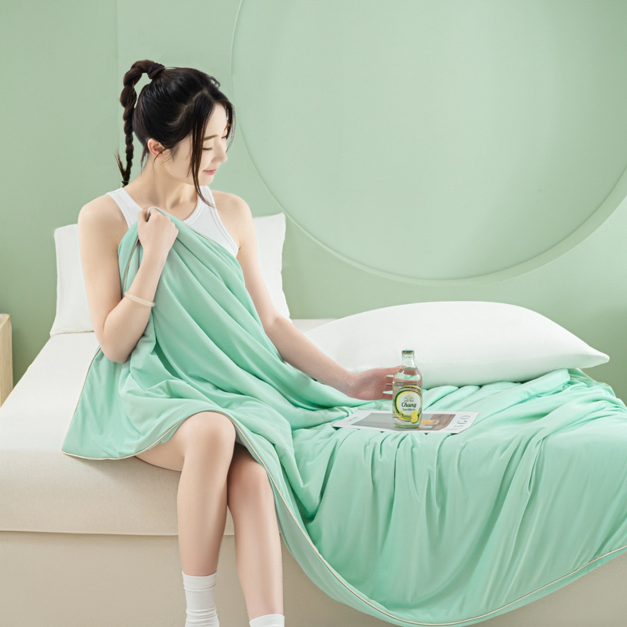 91家纺网 家纺一手货源 找家纺 爱彼家纺 2026夏季新款薄荷冰香凉感丝夏被夏凉被空调被-薄荷系列一 薄荷绿