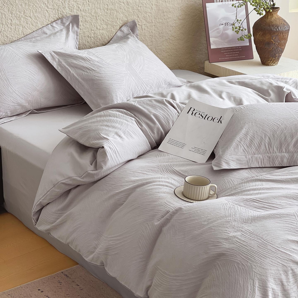 91家纺网 家纺一手货源 找家纺 帅露家纺 2026新款A类全棉纯棉亮面浮雕提花四件套 布兰卡-银灰