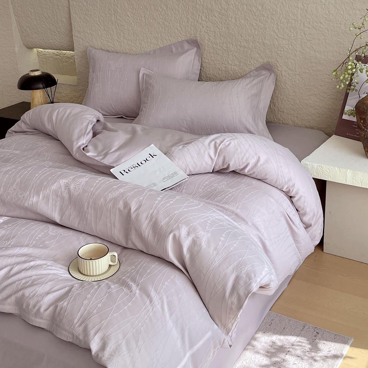 91家纺网 家纺一手货源 找家纺 帅露家纺 2026新款A类全棉纯棉亮面浮雕提花四件套 蝶梦-淡雅紫