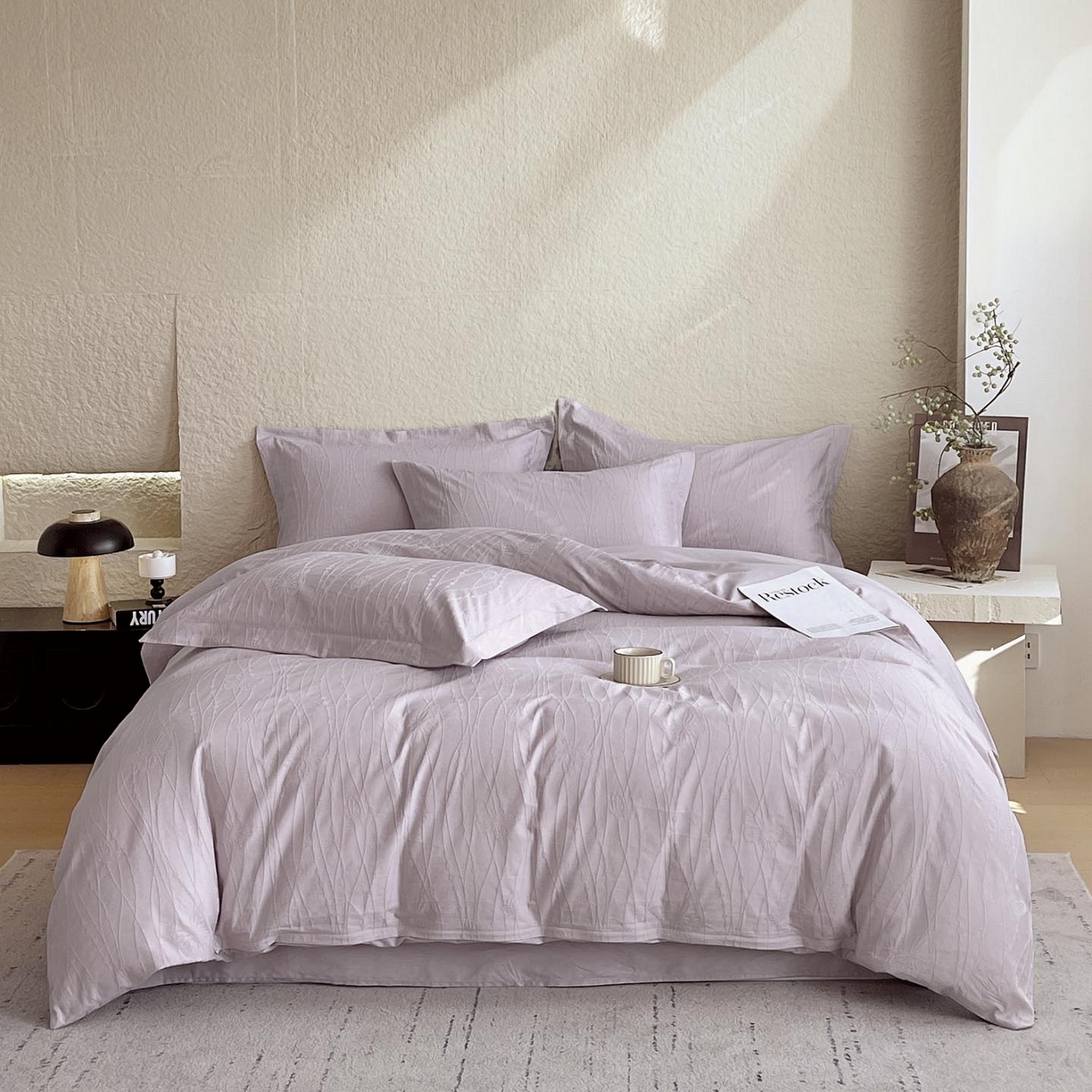 91家纺网 家纺一手货源 找家纺 帅露家纺 2026新款A类全棉纯棉亮面浮雕提花四件套 蝶梦-淡雅紫