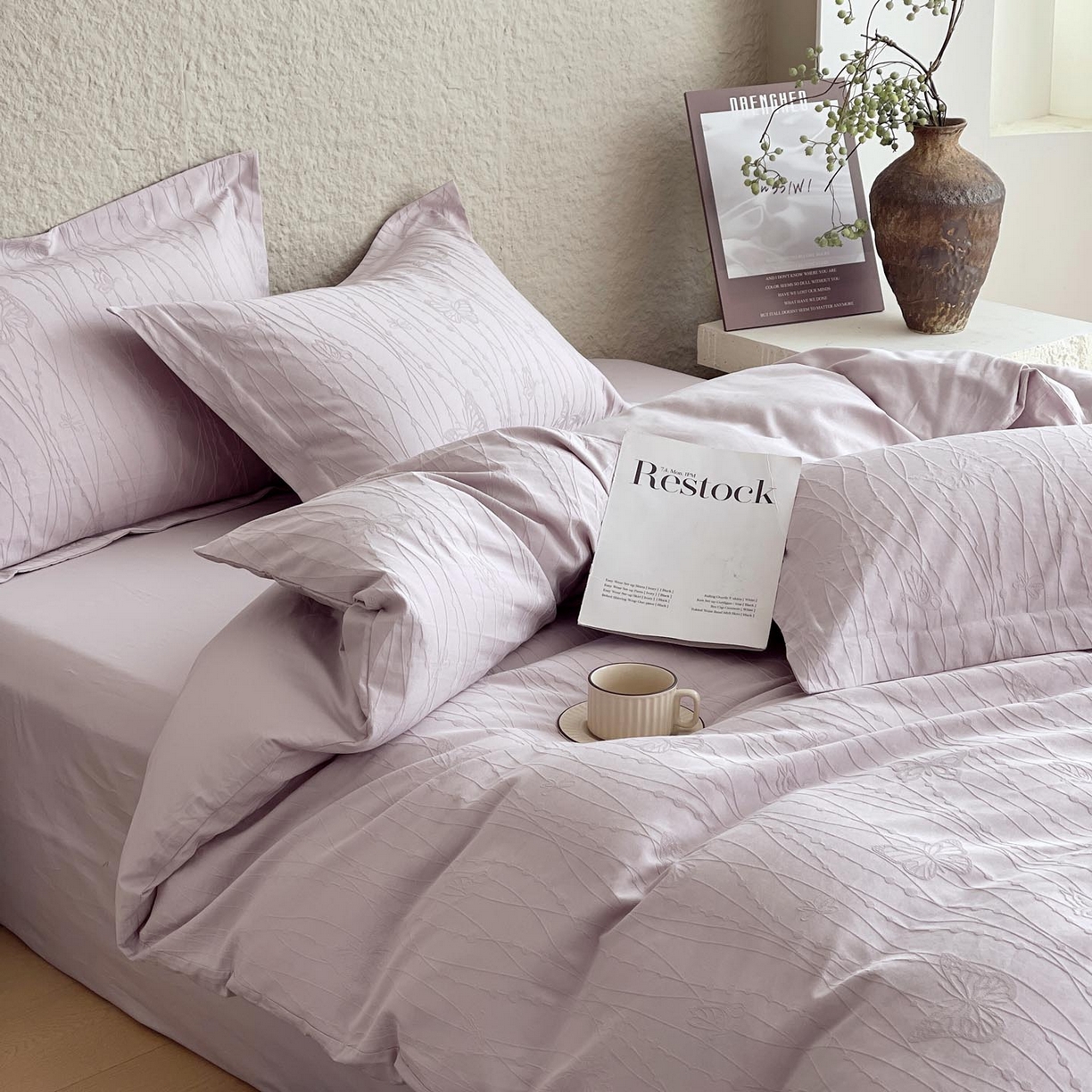 91家纺网 家纺一手货源 找家纺 帅露家纺 2026新款A类全棉纯棉亮面浮雕提花四件套 蝶梦-淡雅紫