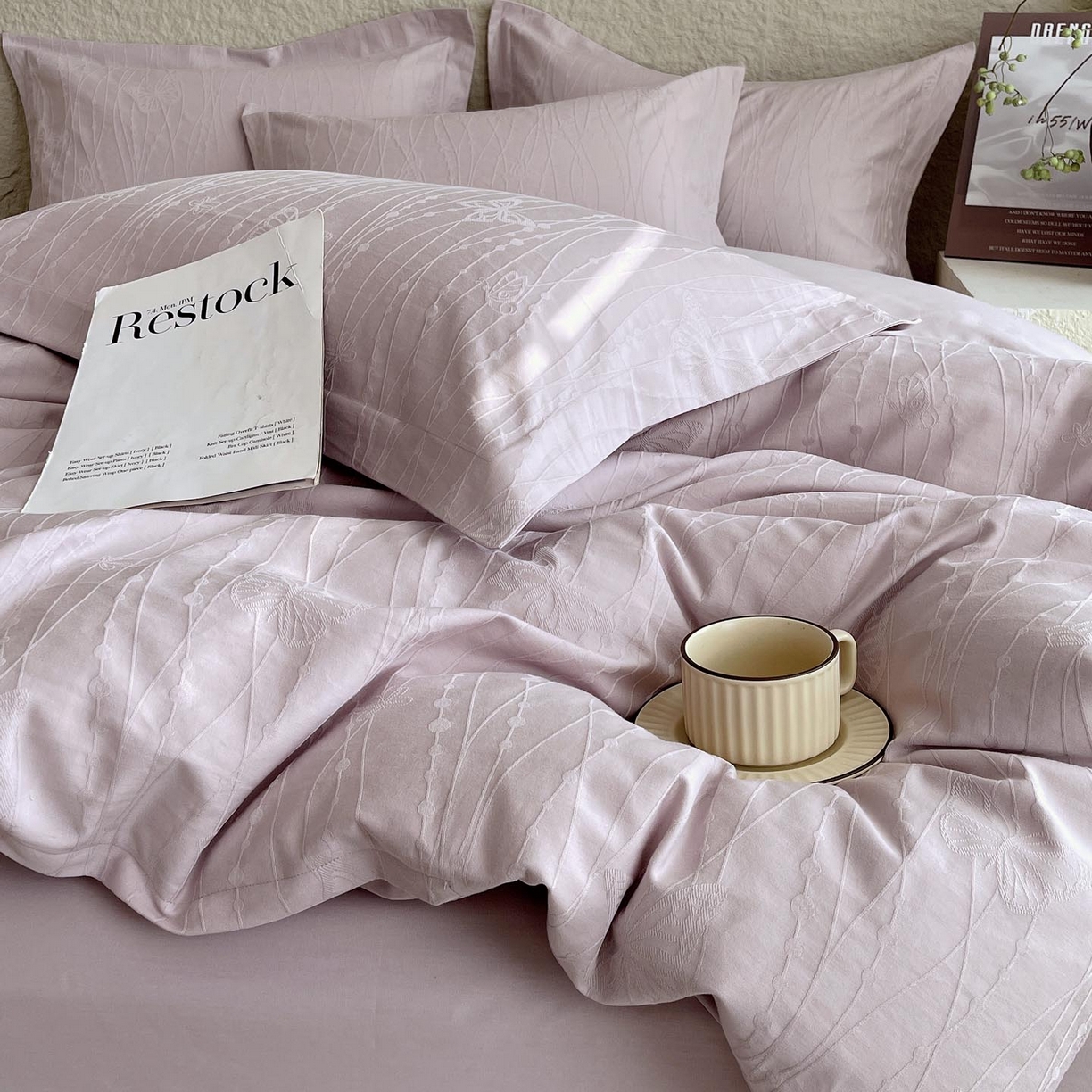 91家纺网 家纺一手货源 找家纺 帅露家纺 2026新款A类全棉纯棉亮面浮雕提花四件套 蝶梦-淡雅紫