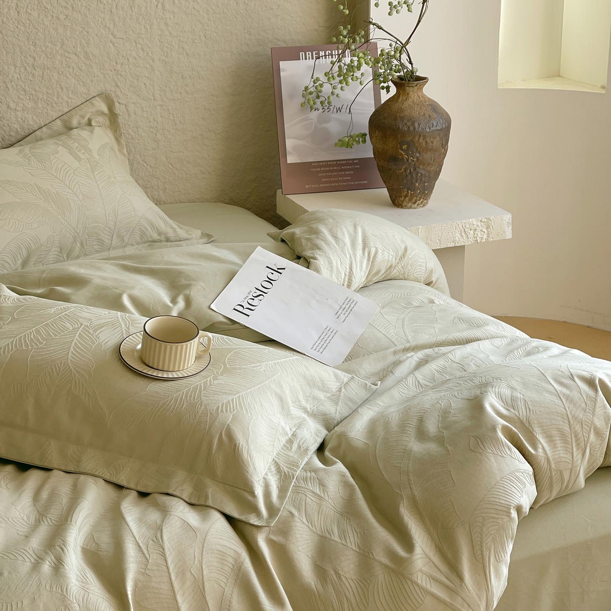 91家纺网 家纺一手货源 找家纺 帅露家纺 2026新款A类全棉纯棉亮面浮雕提花四件套 焦野-奶绿