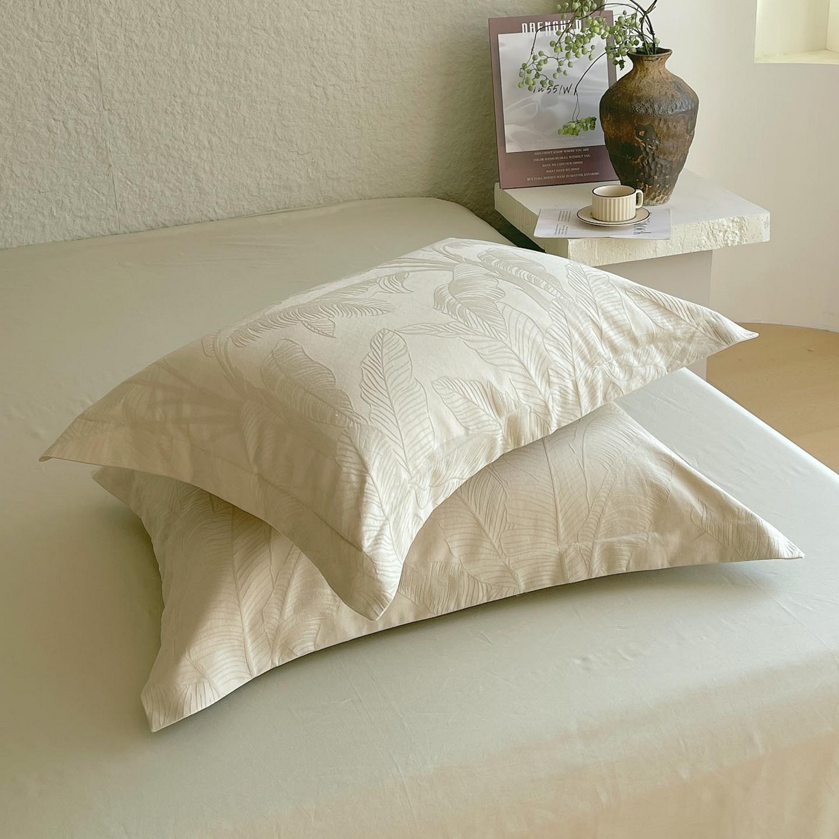 91家纺网 家纺一手货源 找家纺 帅露家纺 2026新款A类全棉纯棉亮面浮雕提花四件套 焦野-奶绿