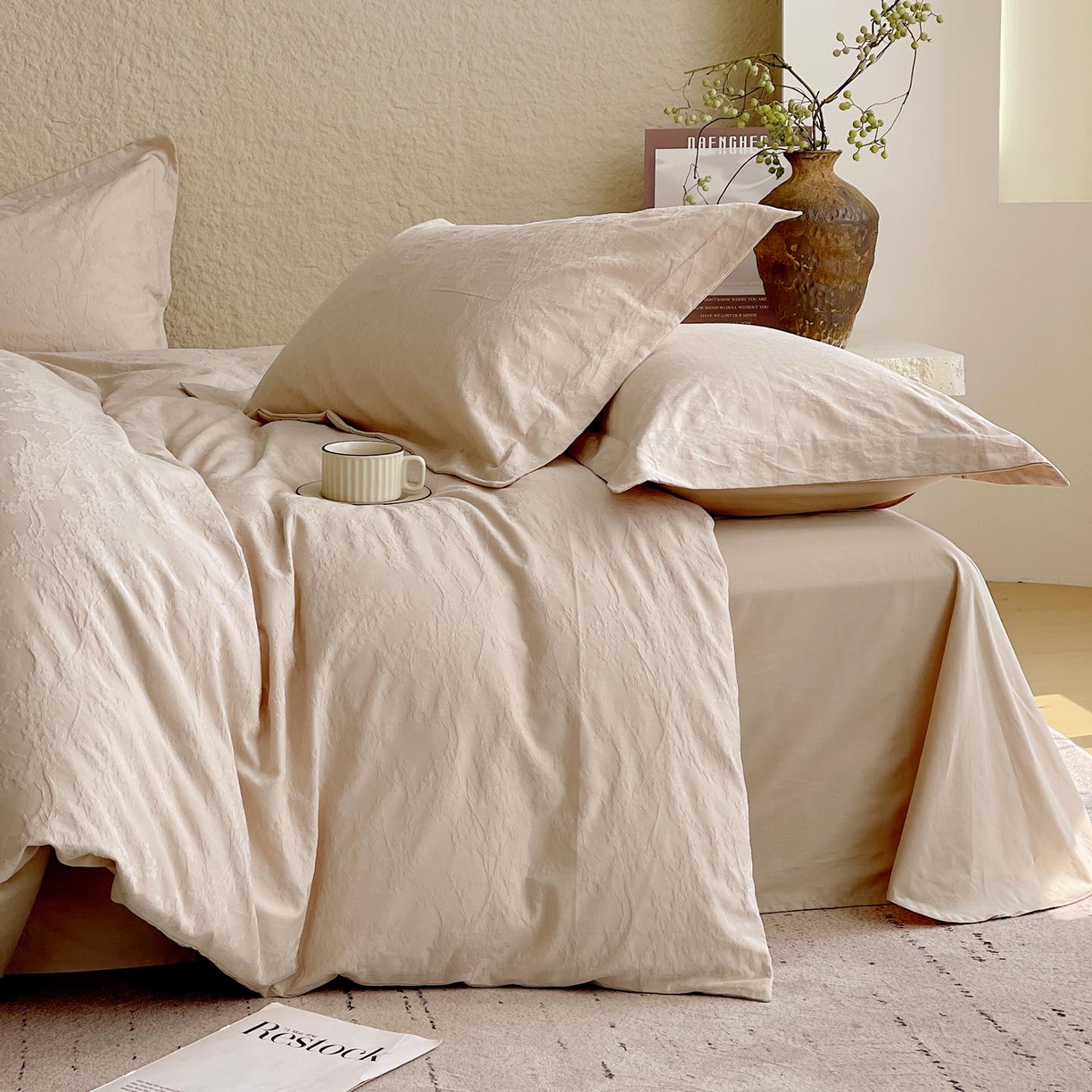 91家纺网 家纺一手货源 找家纺 帅露家纺 2026新款A类全棉纯棉亮面浮雕提花四件套 梦幻花园-米杏