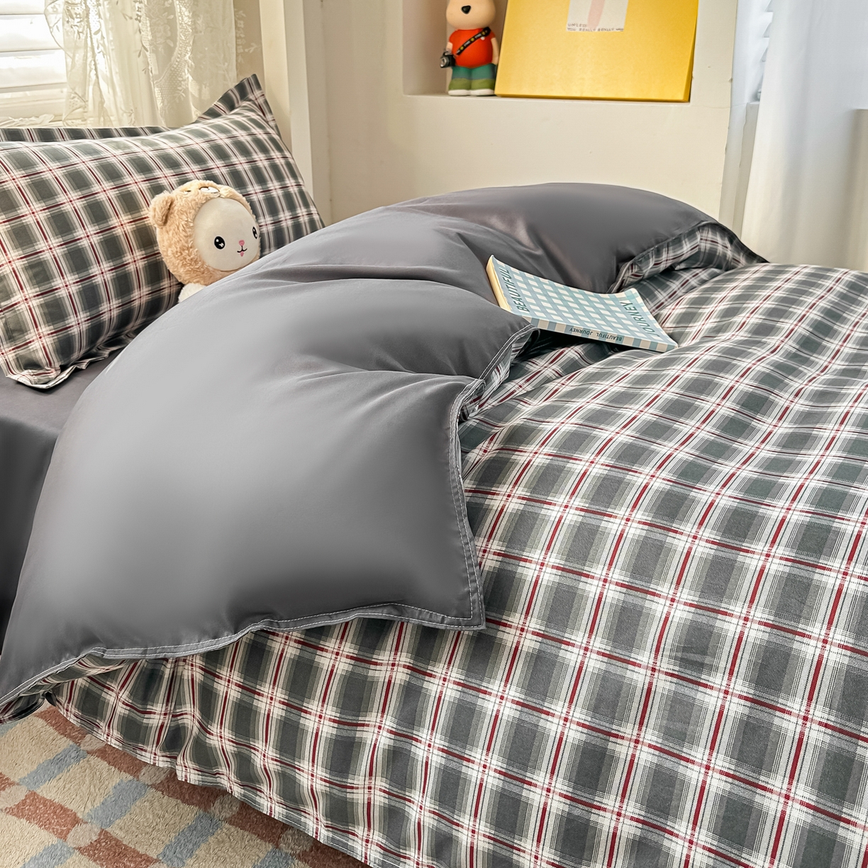 91家纺网 家纺一手货源 找家纺 楠沐家纺 2026新款大学生宿舍多件套学生三件套被褥全套六件套床垫枕芯被芯四件套 烟雾灰格