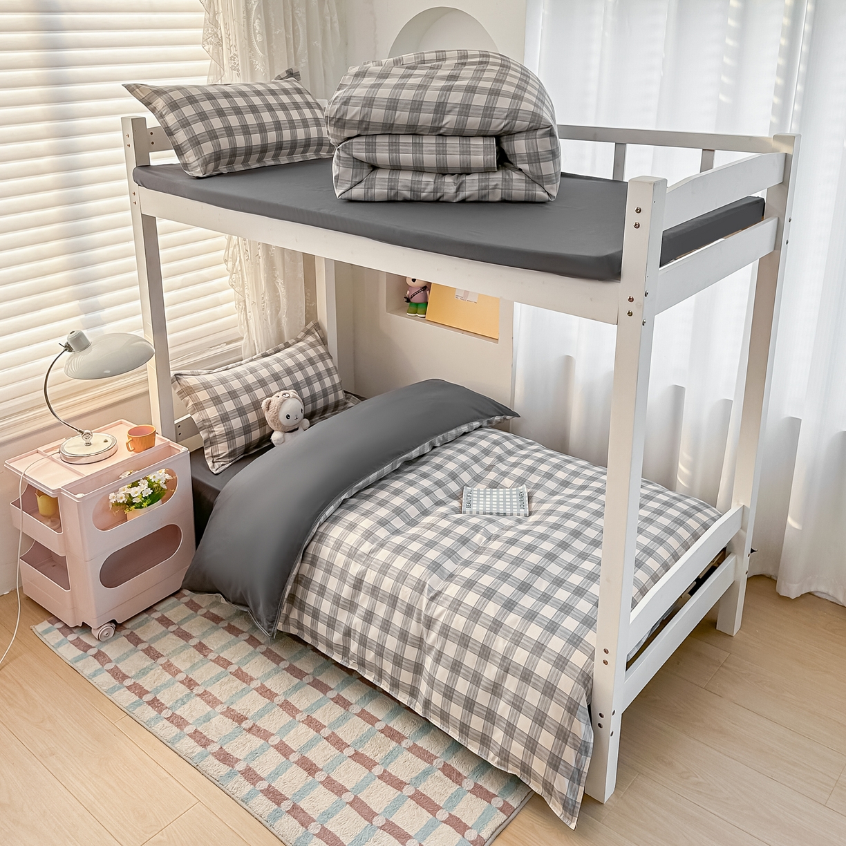 楠沐家纺 2026新款大学生宿舍多件套学生三件套被褥全套六件套床垫枕芯被芯四件套 亚麻灰格