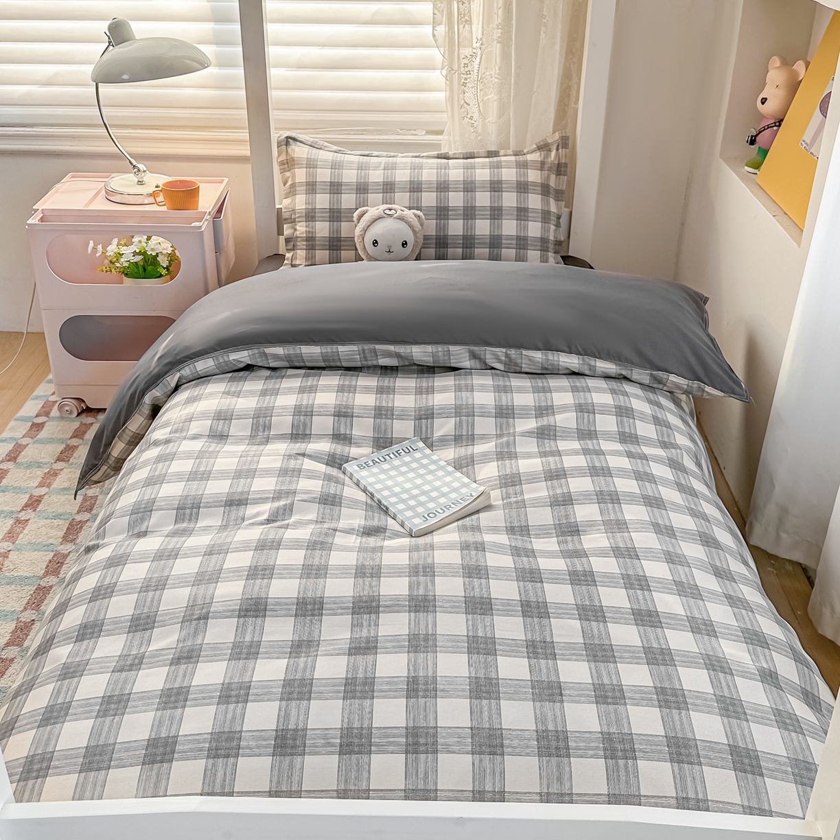 91家纺网 家纺一手货源 找家纺 楠沐家纺 2026新款大学生宿舍多件套学生三件套被褥全套六件套床垫枕芯被芯四件套 亚麻灰格