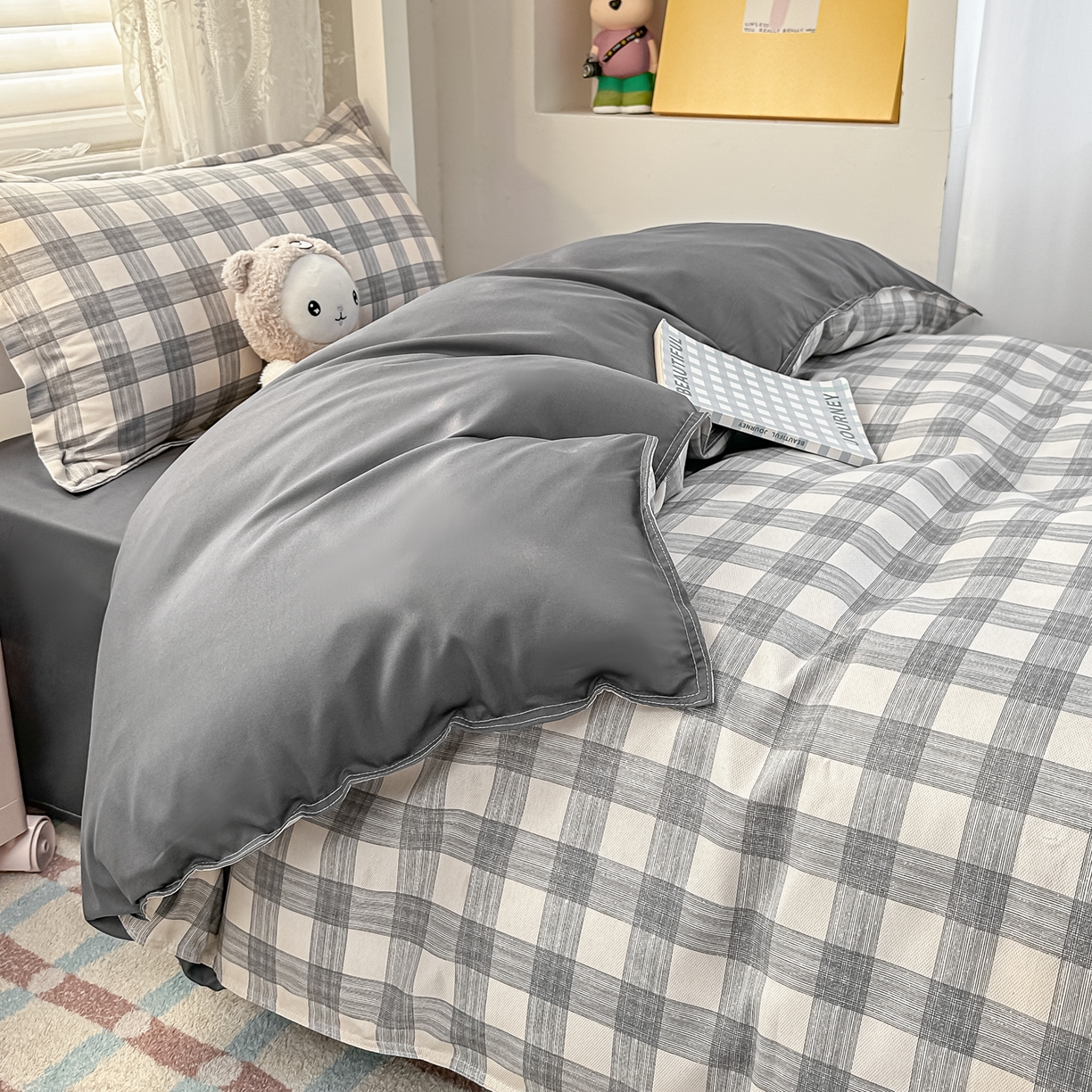 91家纺网 家纺一手货源 找家纺 楠沐家纺 2026新款大学生宿舍多件套学生三件套被褥全套六件套床垫枕芯被芯四件套 亚麻灰格