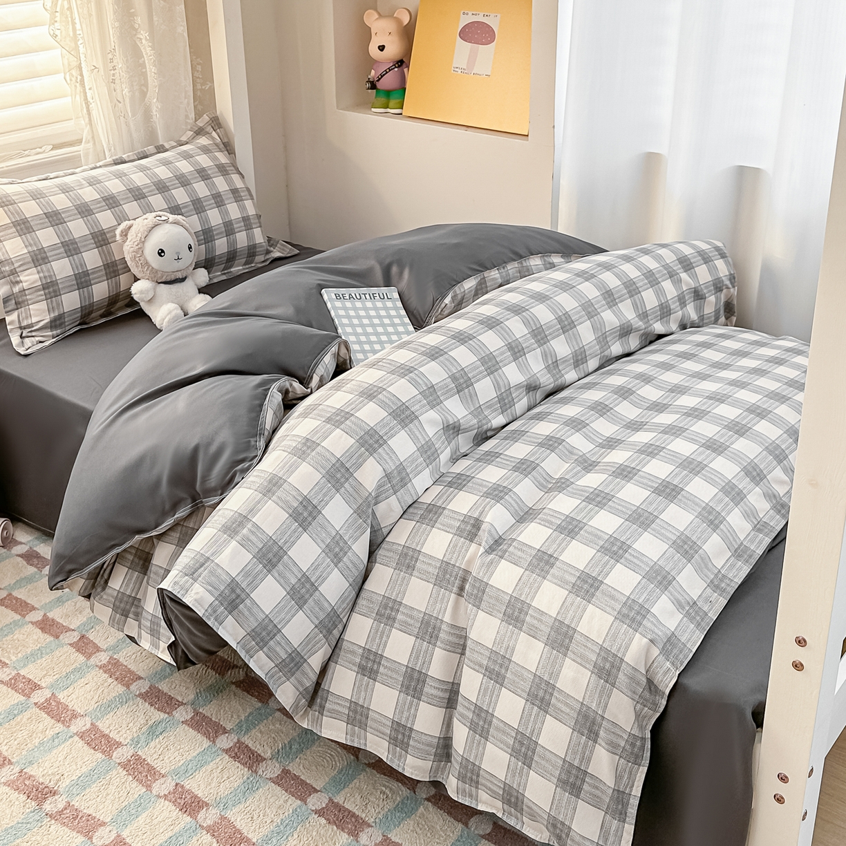 91家纺网 家纺一手货源 找家纺 楠沐家纺 2026新款大学生宿舍多件套学生三件套被褥全套六件套床垫枕芯被芯四件套 亚麻灰格