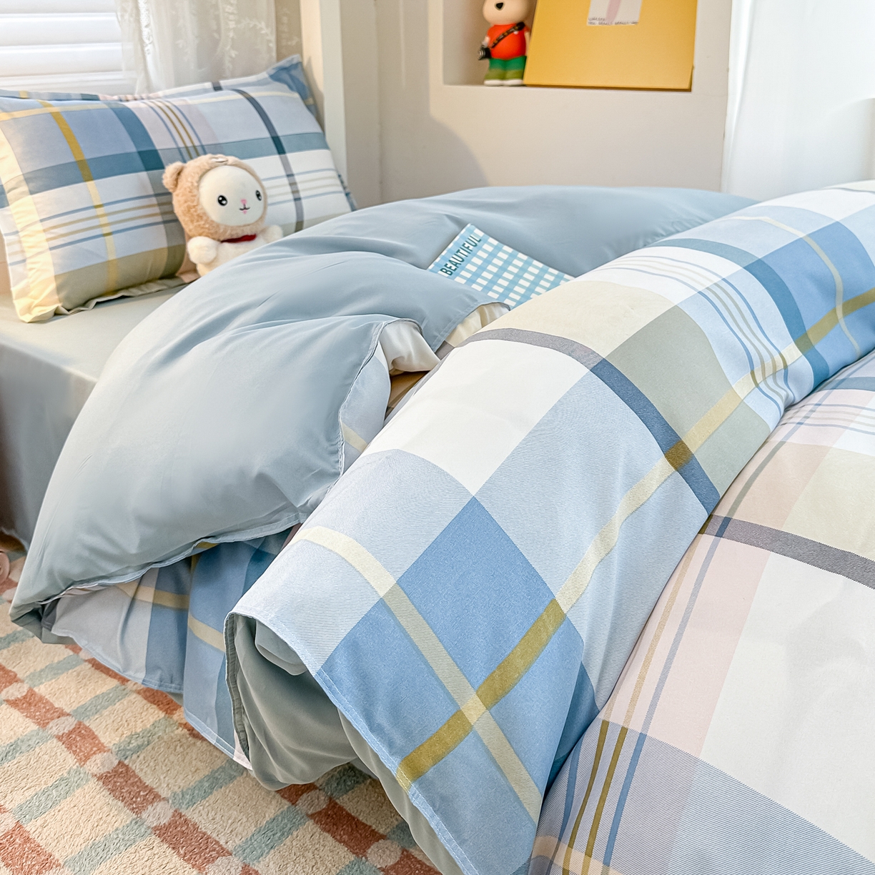 91家纺网 家纺一手货源 找家纺 楠沐家纺 2026新款大学生宿舍多件套学生三件套被褥全套六件套床垫枕芯被芯四件套 英伦蓝格