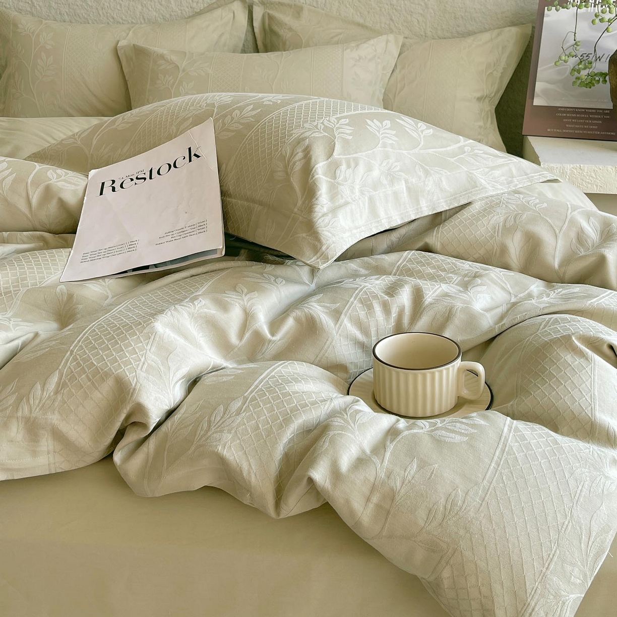 91家纺网 家纺一手货源 找家纺 帅露家纺 2026新款A类全棉纯棉亮面浮雕提花四件套 芊芊叶语-奶绿